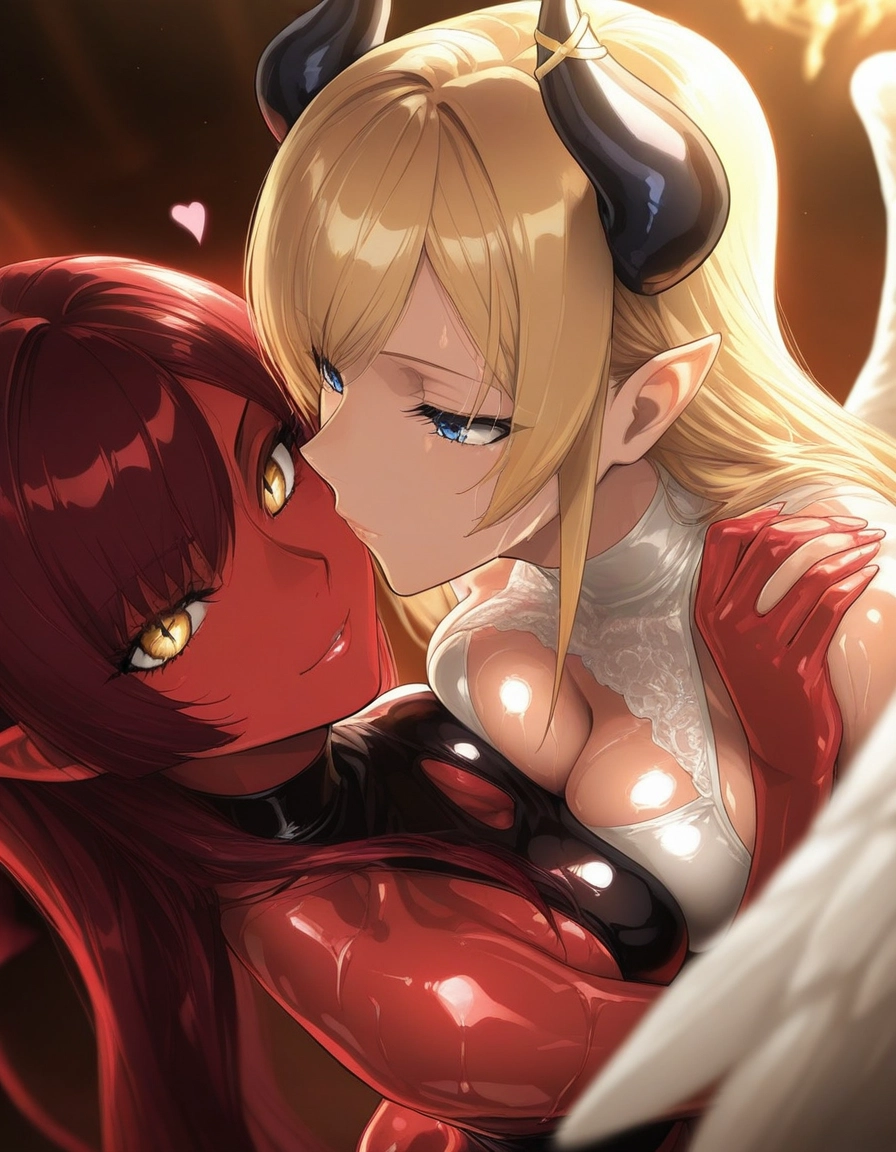 multiple girls, 2girls, breasts, blonde hair, horns, blue eyes · Yamete.gg
