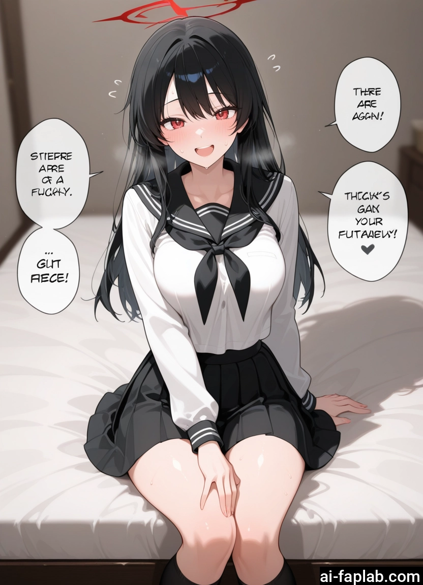 1girl, skirt, school uniform, red eyes, black hair, halo · Yamete.gg