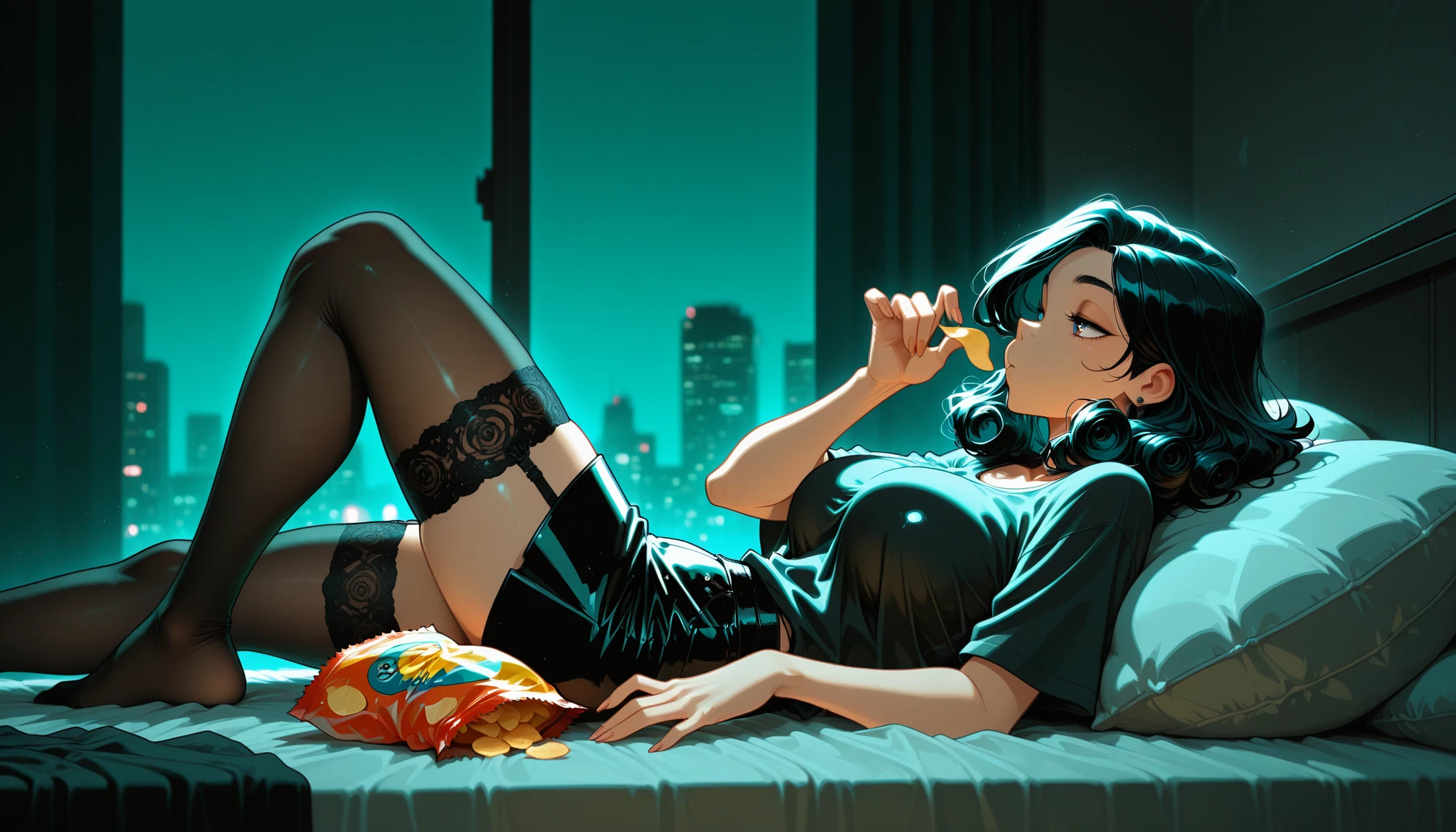 1girl, thighhighs, solo, breasts, black hair, lying · Yamete.gg
