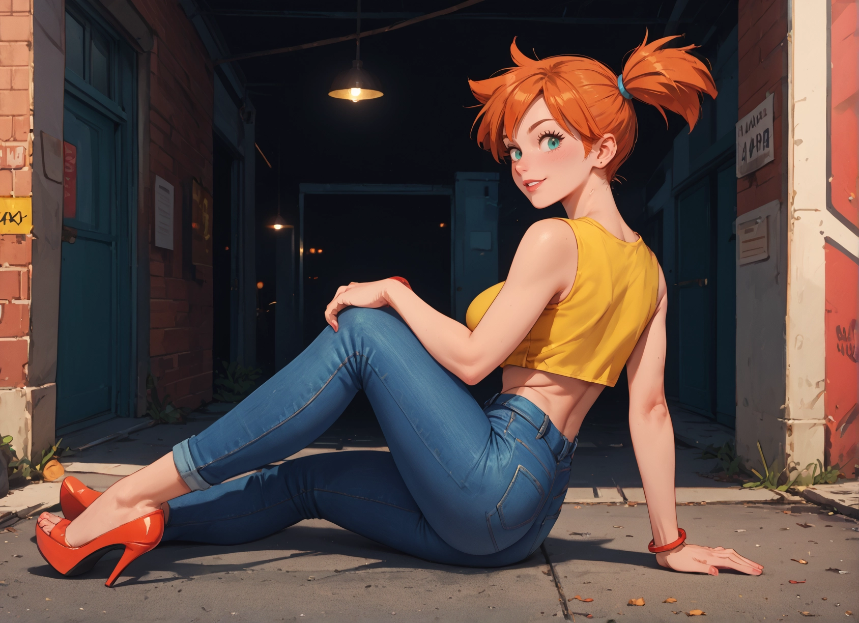 1girl, pants, high heels, solo, denim, orange hair · Yamete.gg