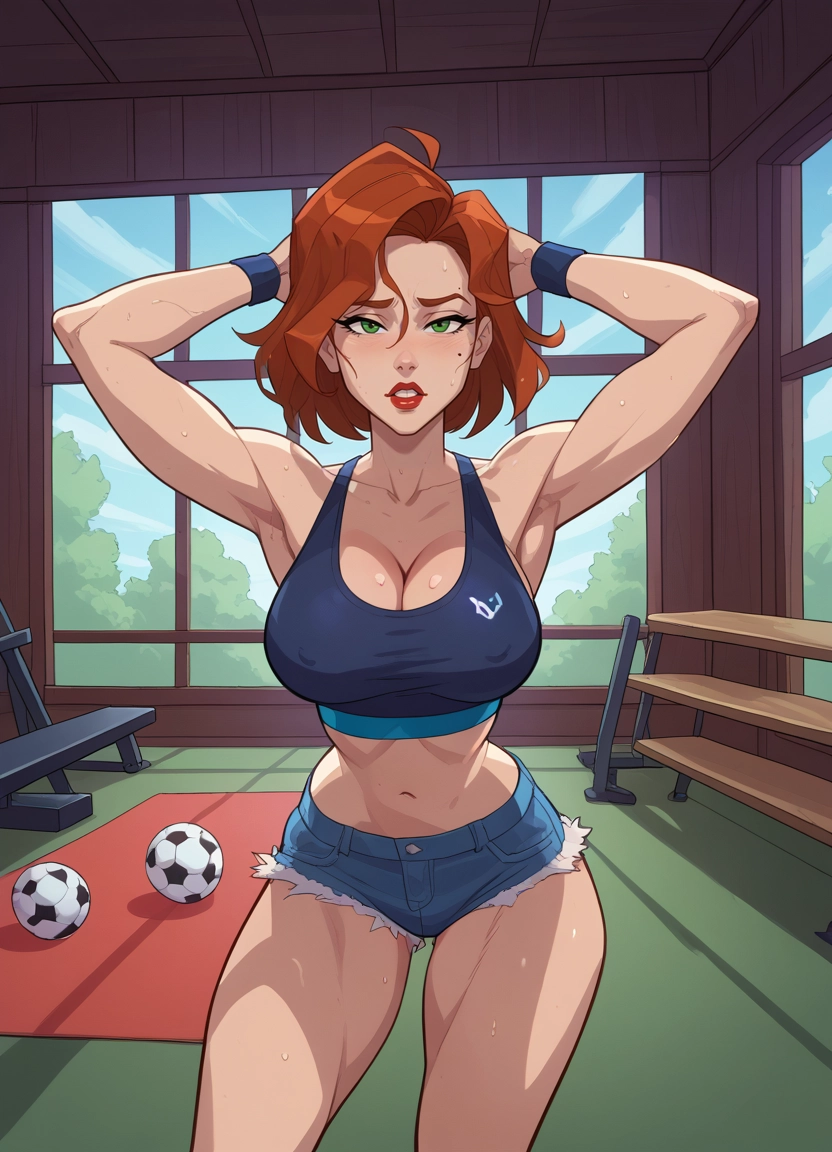 1girl, breasts, green eyes, shorts, ball, large breasts · Yamete.gg