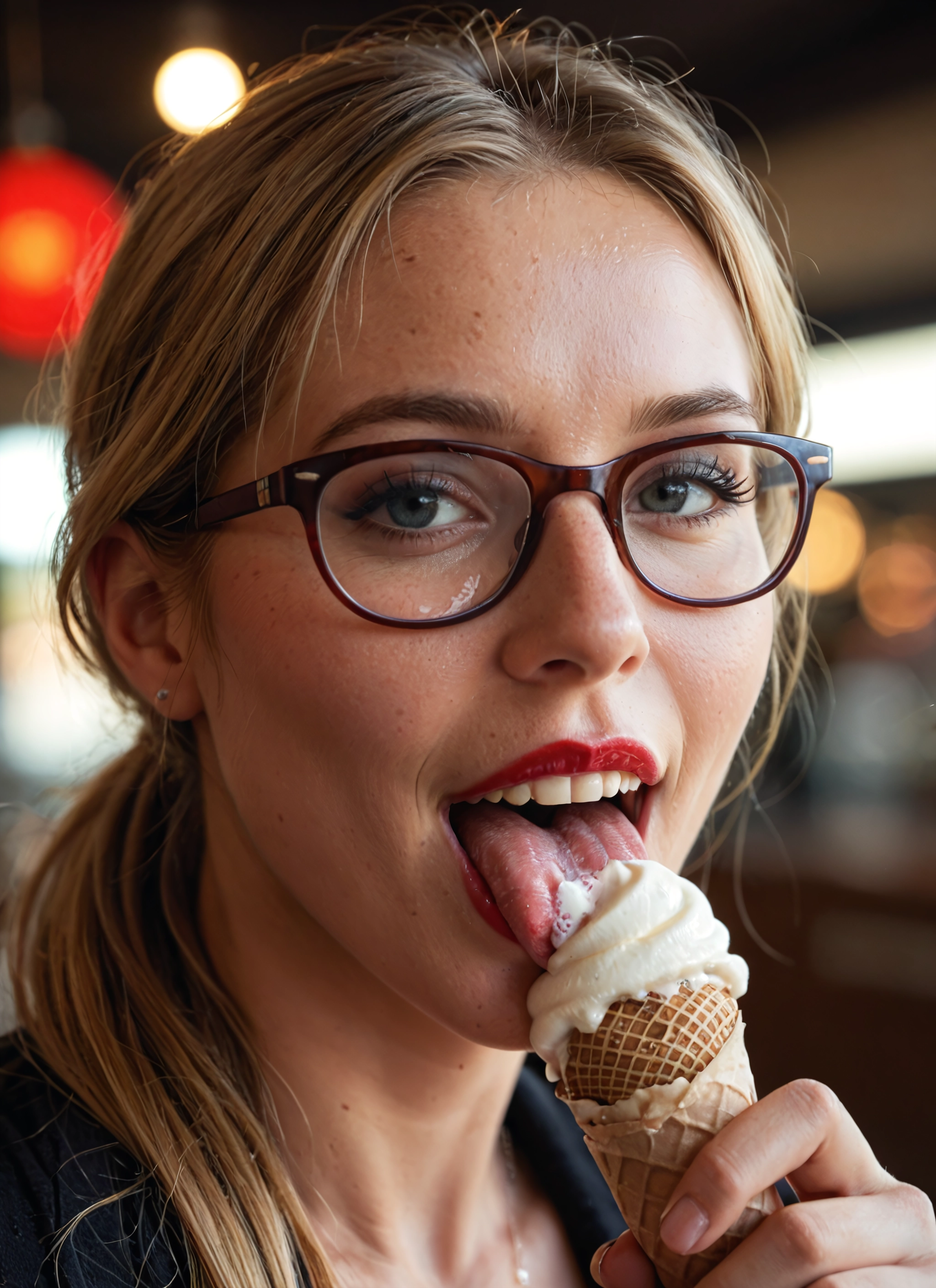 1girl, food, solo, glasses, ice cream, blonde hair · Yamete.gg