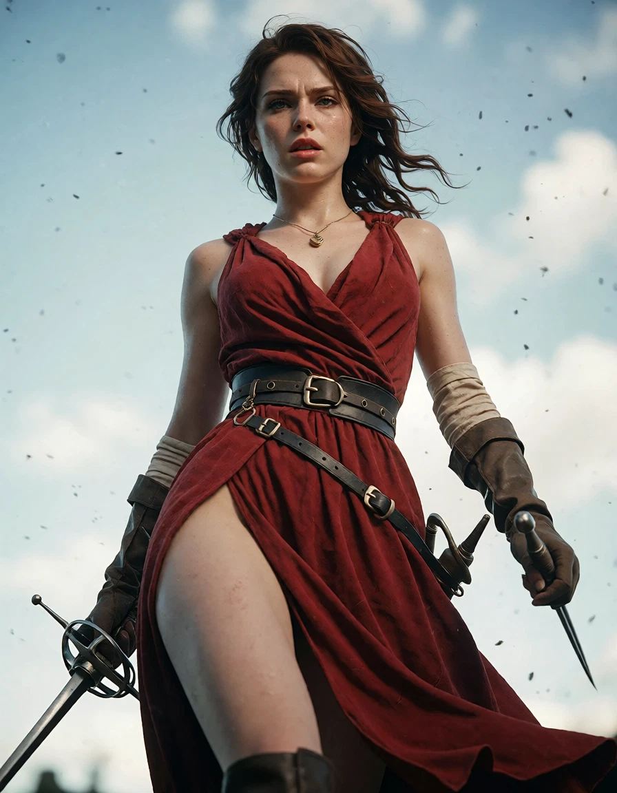 1girl, weapon, solo, sword, gloves, dress