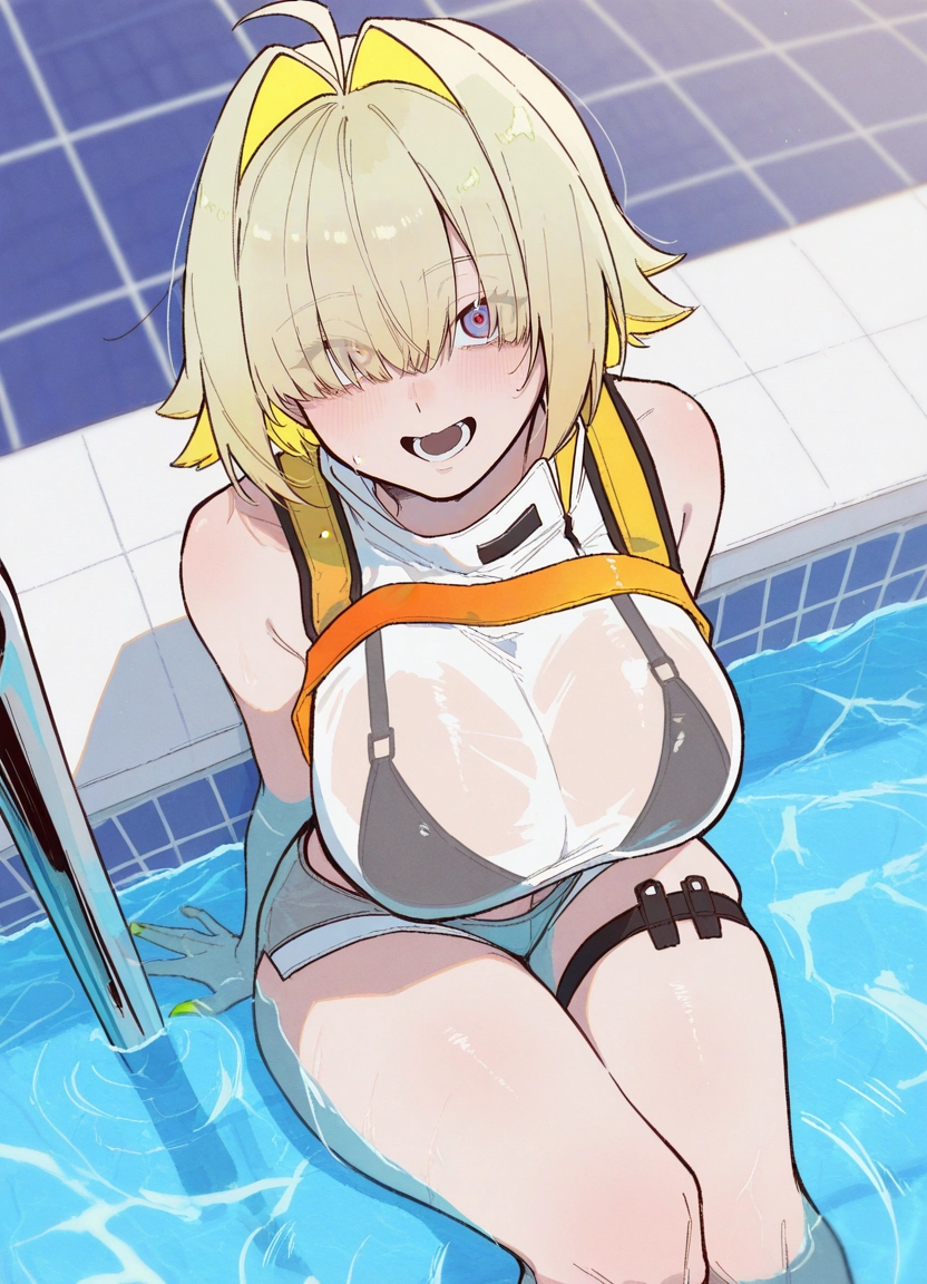 1girl, blonde hair, solo, breasts, thigh strap, open mouth · Yamete.gg