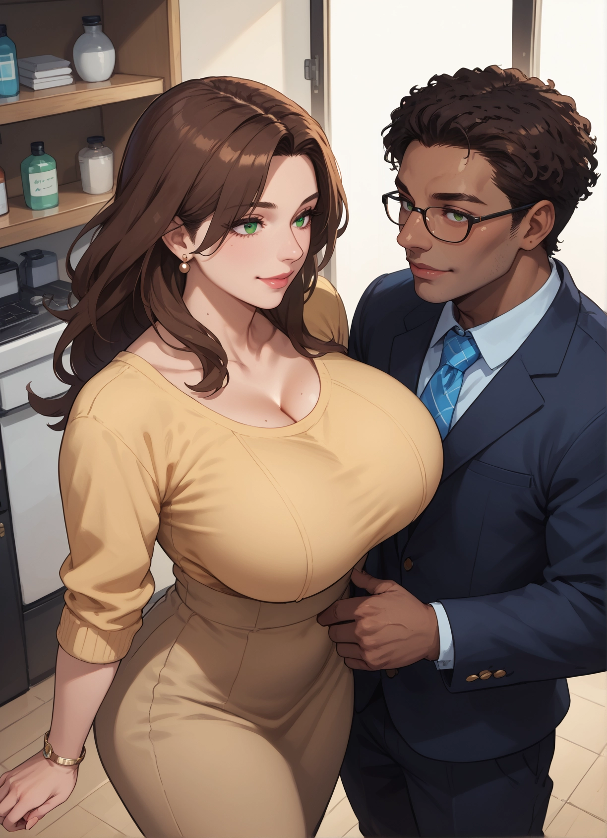 1girl, breasts, 1boy, green eyes, brown hair, mole · Yamete.gg