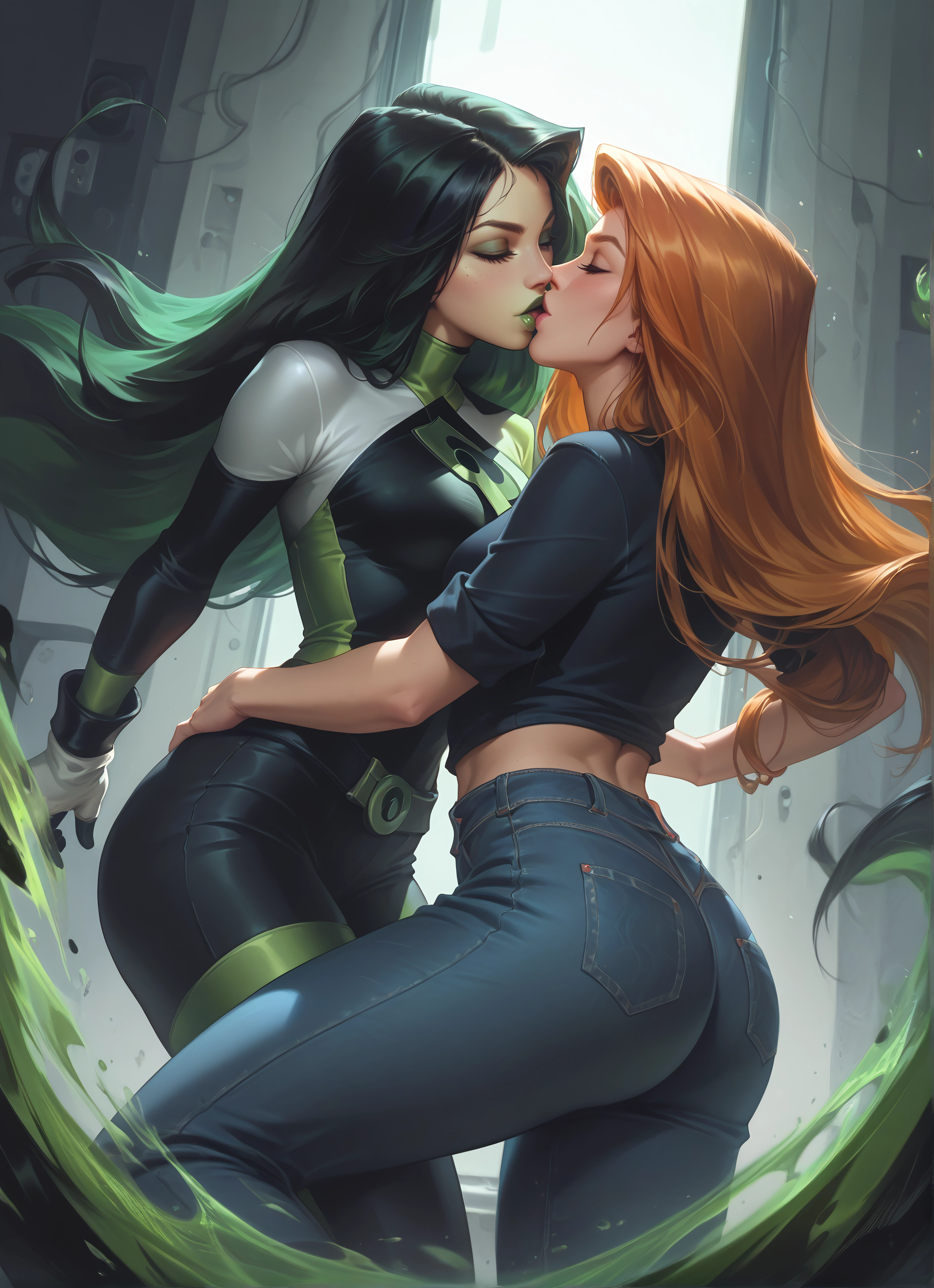 multiple girls, 2girls, yuri, kiss, ass, long hair · Yamete.gg
