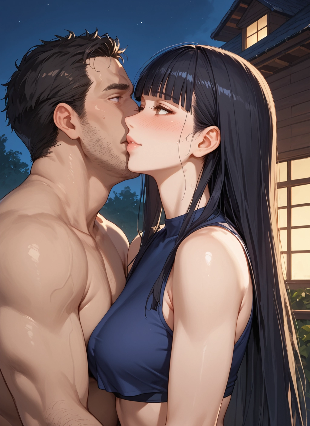 1girl, 1boy, long hair, black hair, hetero, kiss · Yamete.gg