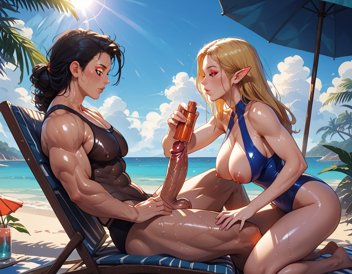 futanari, beach, outdoors, multiple girls, breasts, testicles · Yamete.gg