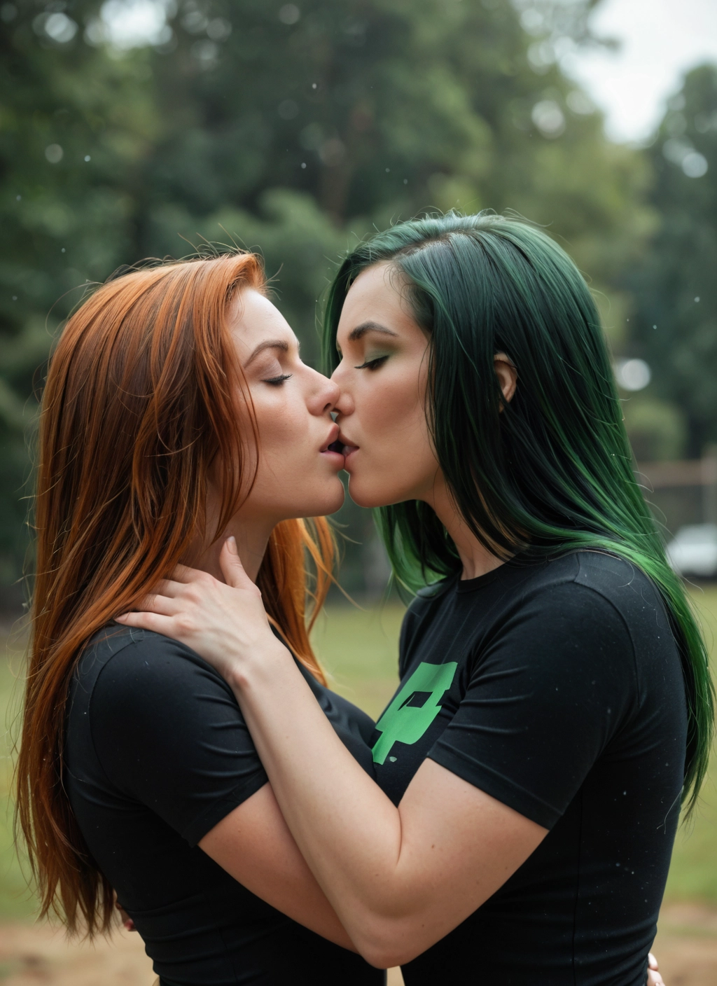 multiple girls, 2girls, yuri, kiss, closed eyes, long hair · Yamete.gg