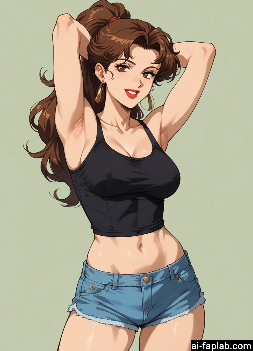 1girl, breasts, brown hair, shorts, jewelry, solo · Yamete.gg