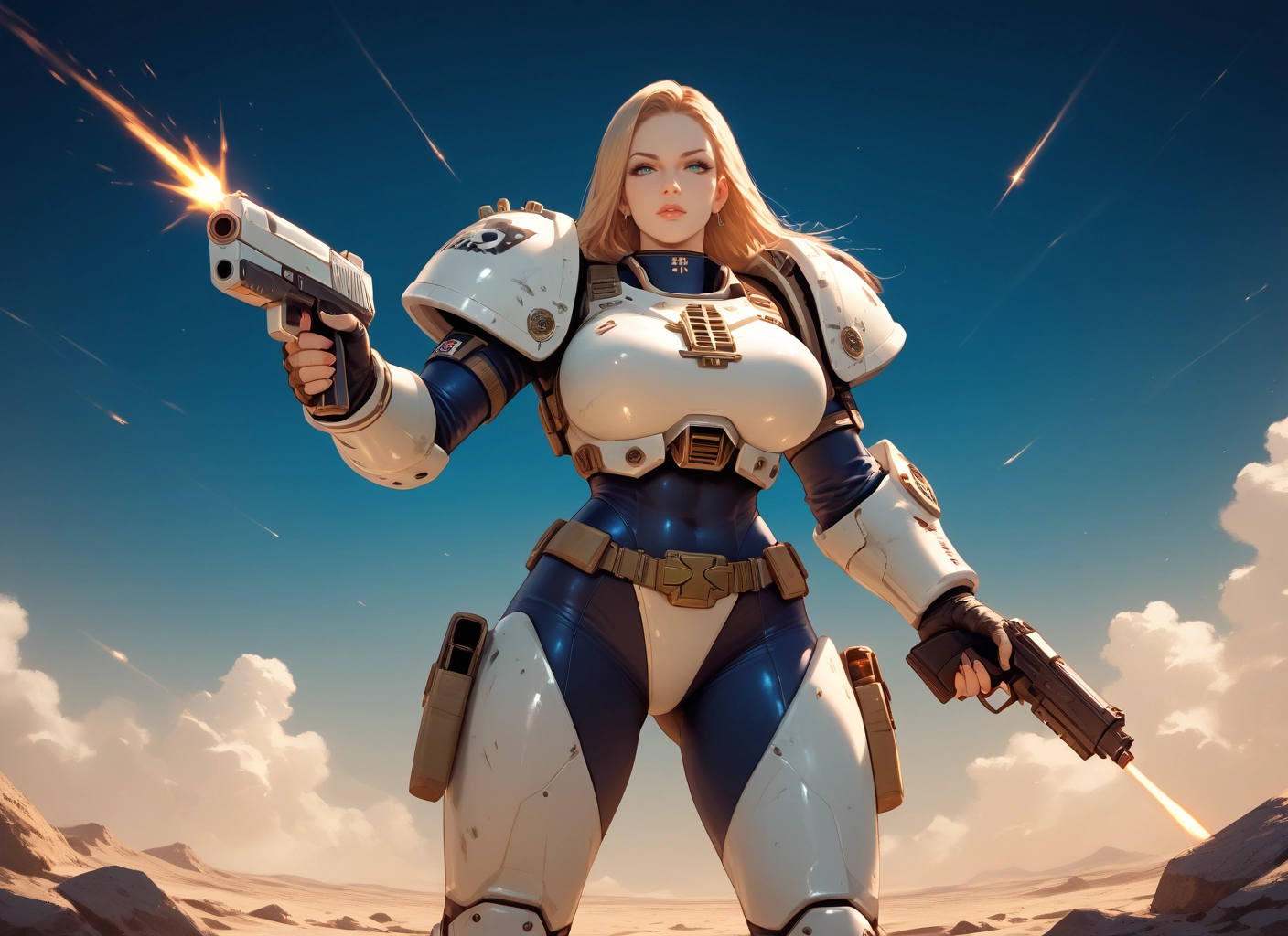 1girl, weapon, gun, blonde hair, solo, blue eyes · Yamete.gg