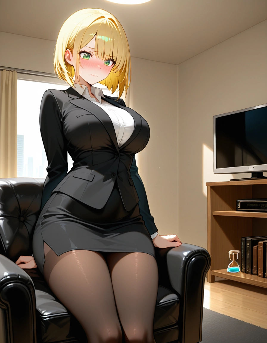 1girl, blonde hair, pantyhose, green eyes, solo, breasts · Yamete.gg