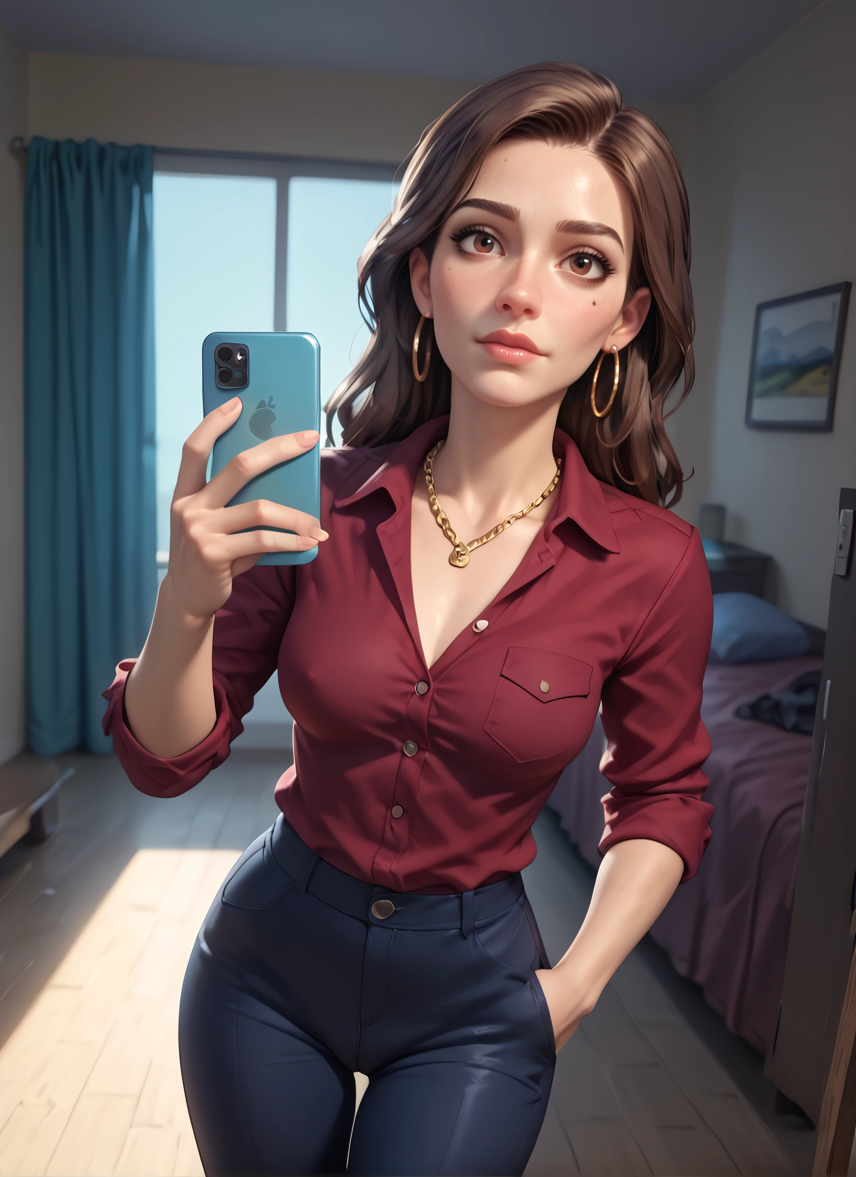 1girl, jewelry, phone, brown hair, earrings, solo · Yamete.gg