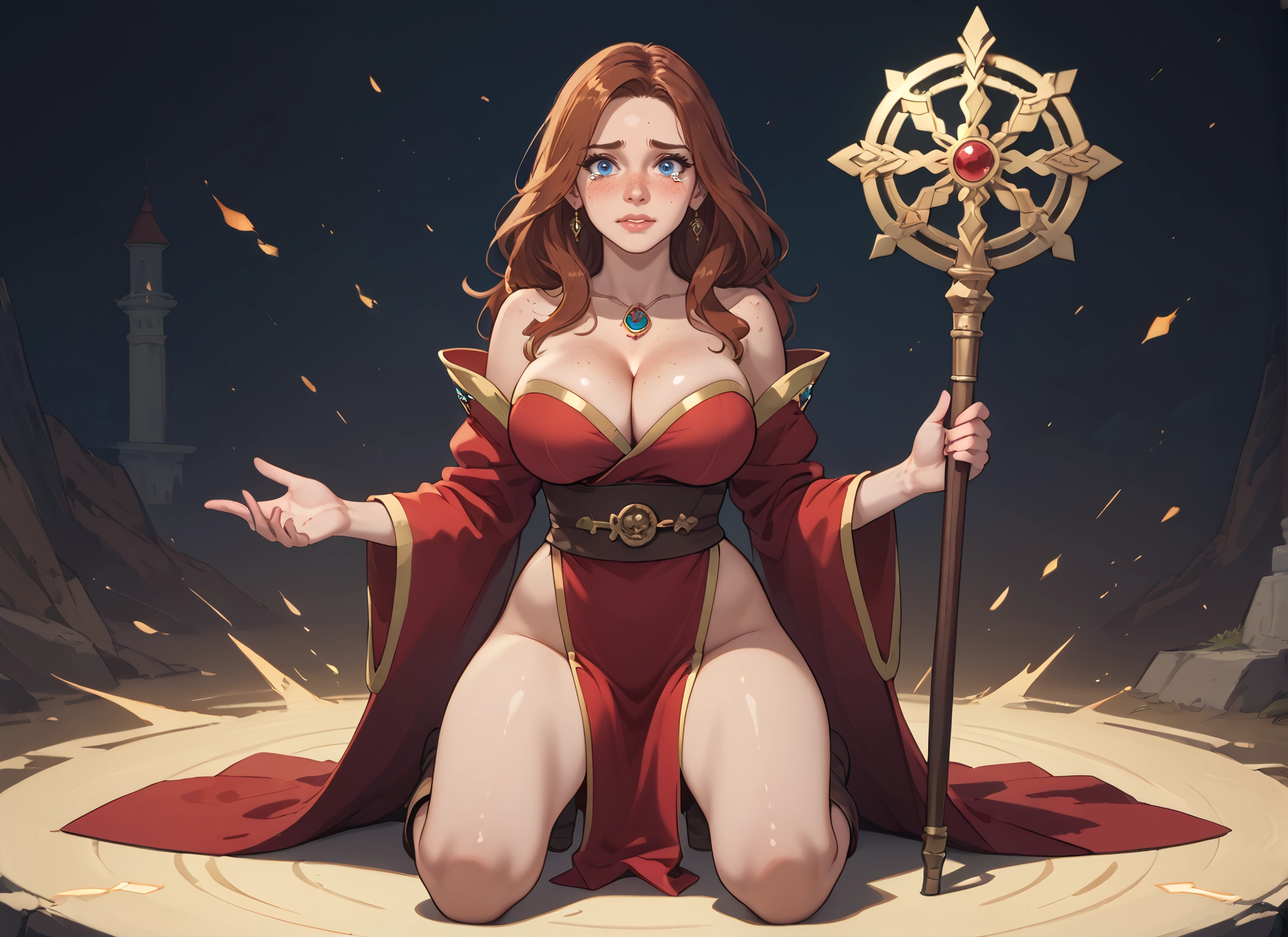 1girl, breasts, blue eyes, staff, jewelry, large breasts · Yamete.gg