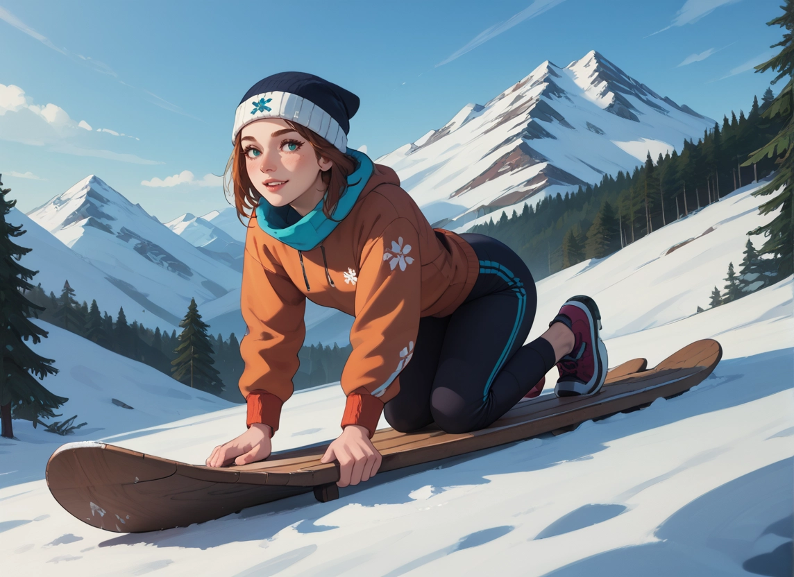 1girl, solo, hat, snow, brown hair, hood · Yamete.gg