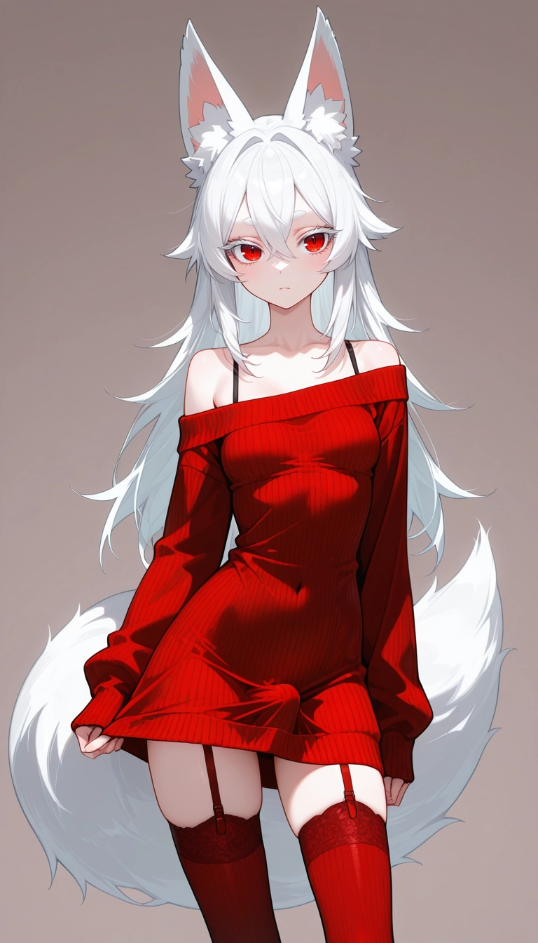 1girl, solo, red eyes, thighhighs, animal ears, off shoulder · Yamete.gg