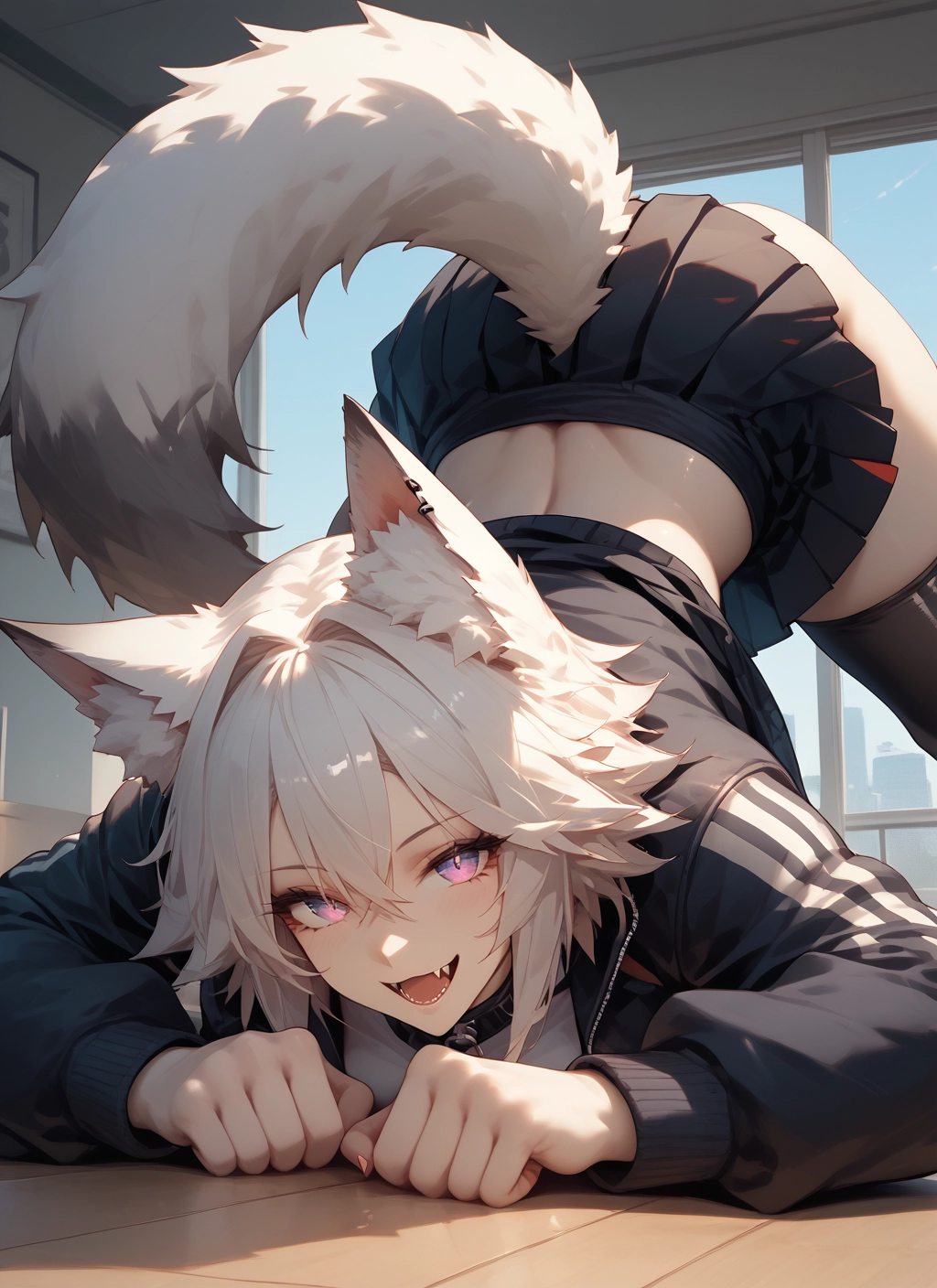 animal ears, tail, skirt, thighhighs, 1girl, solo · Yamete.gg