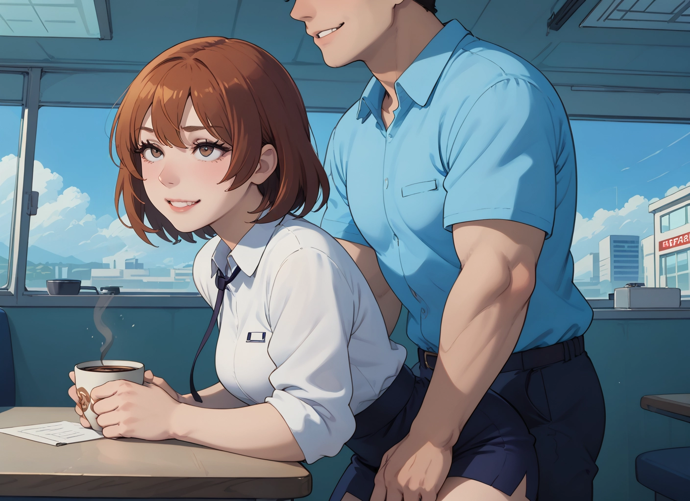 1girl, 1boy, brown hair, cup, brown eyes, smile · Yamete.gg