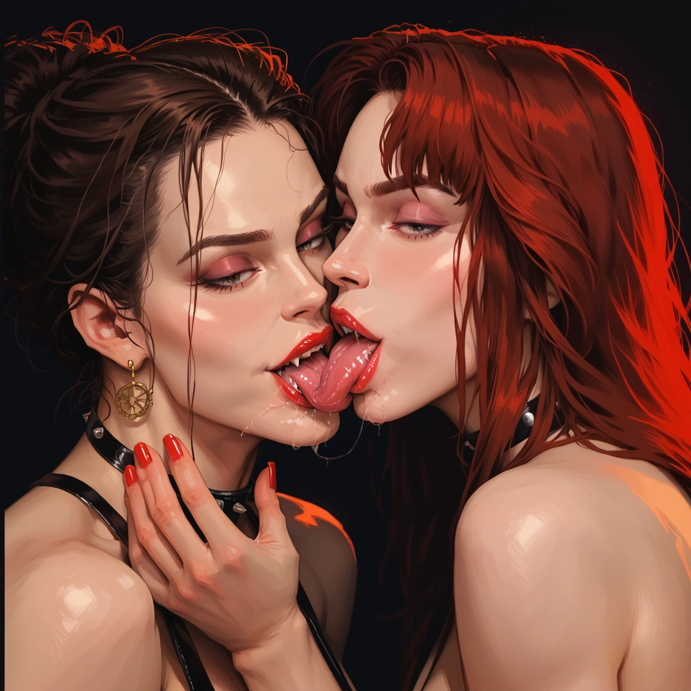 multiple girls, 2girls, jewelry, earrings, tongue, saliva · Yamete.gg