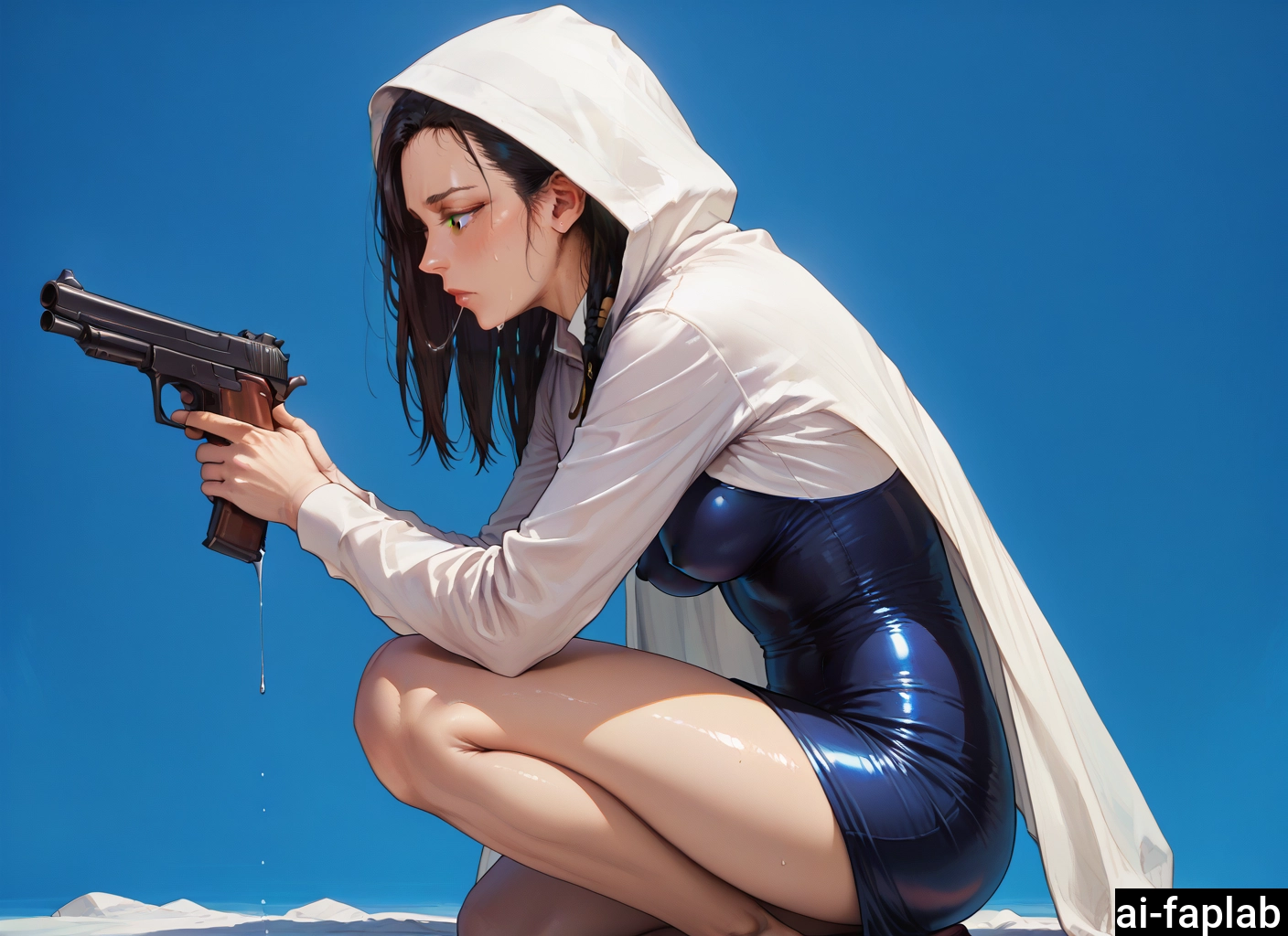 1girl, solo, weapon, wet, gun, hood · Yamete.gg