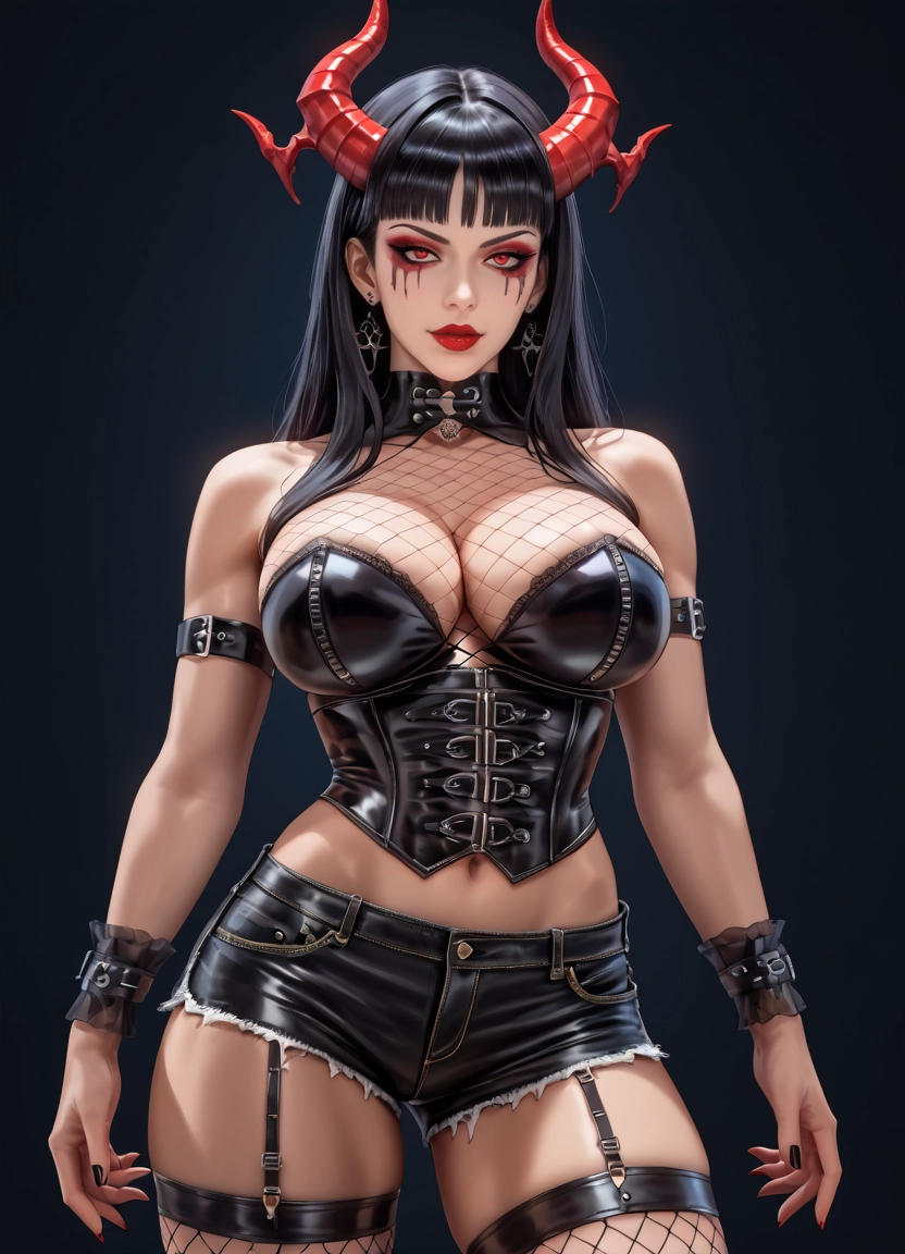 1girl, breasts, horns, solo, fishnets, earrings · Yamete.gg