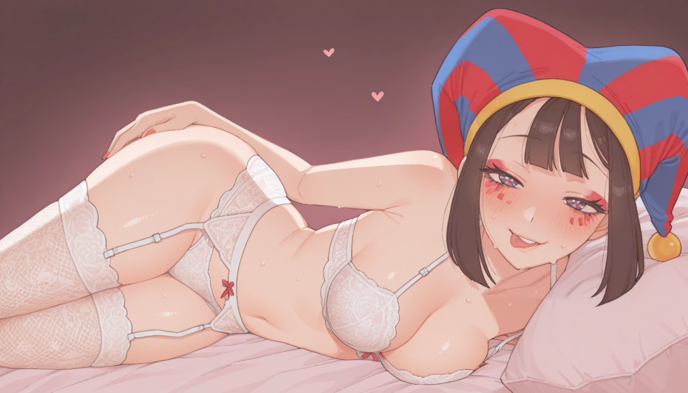 1girl, solo, on side, sweat, garter belt, lying · Yamete.gg