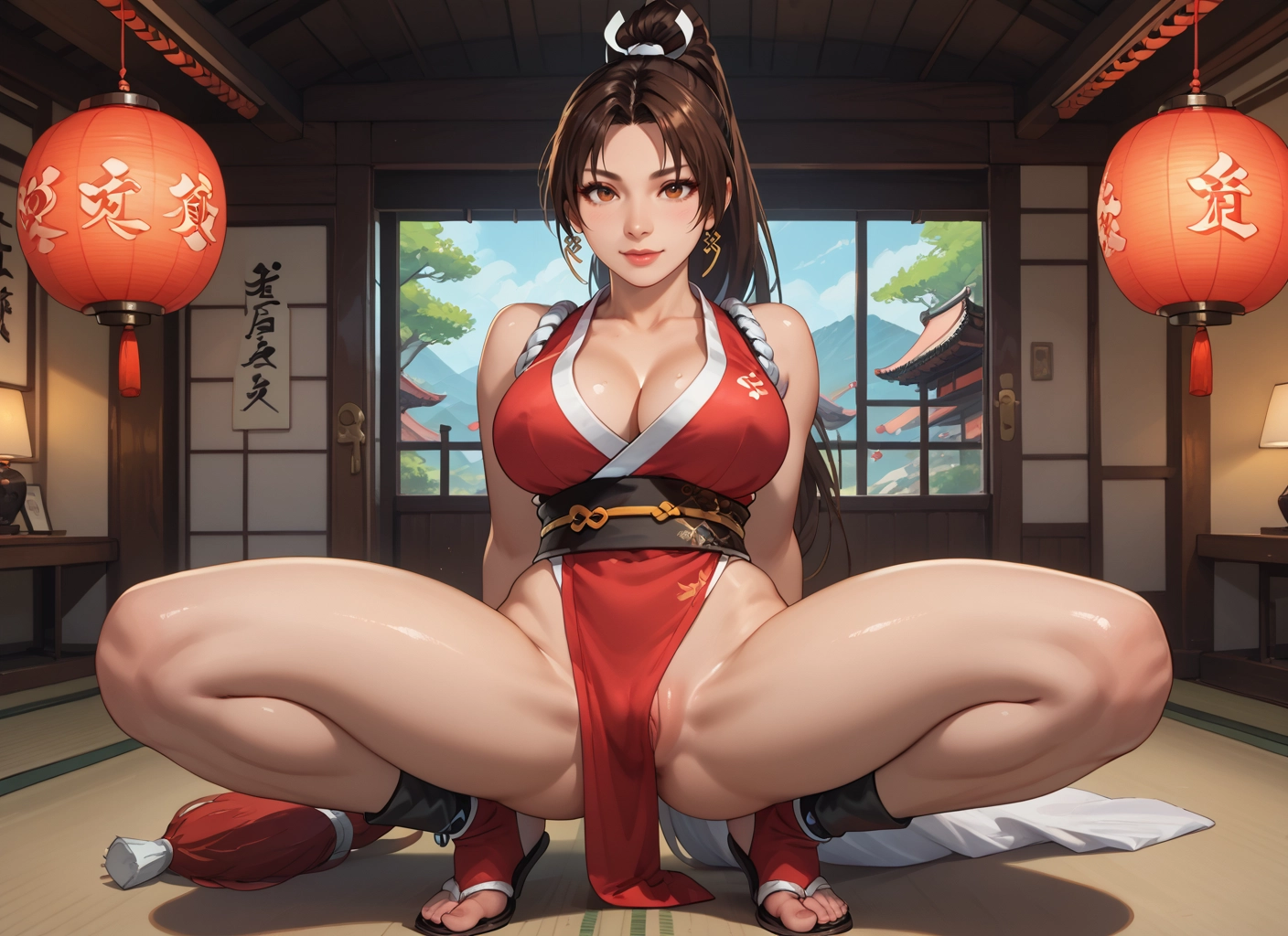 1girl, breasts, brown hair, squatting, cleavage, large breasts · Yamete.gg