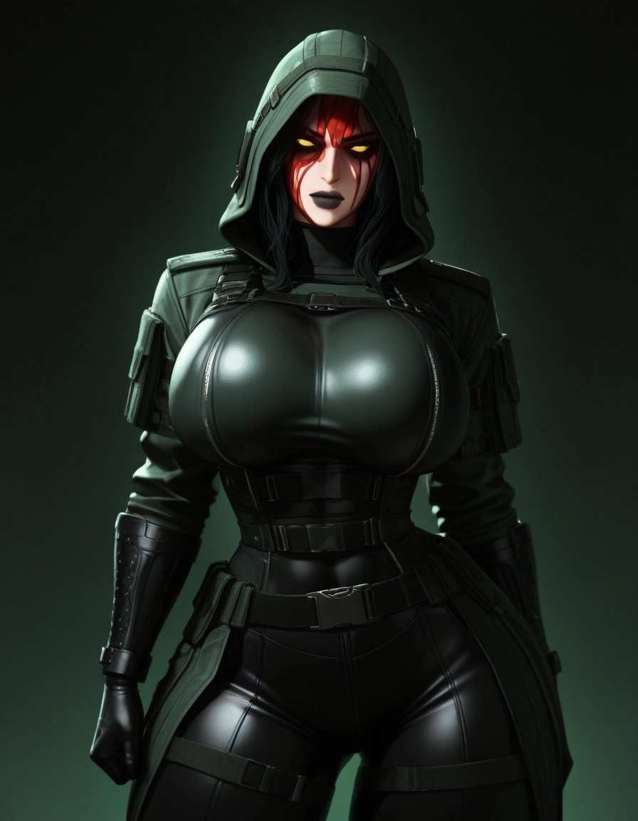 1girl, breasts, hood, solo, yellow eyes, huge breasts