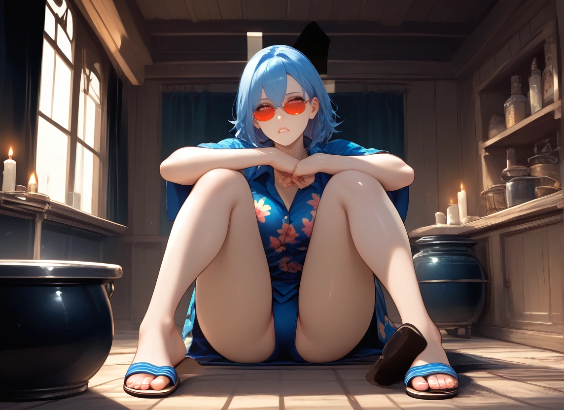 1girl, blue hair, sitting, sandals, candle, sunglasses · Yamete.gg