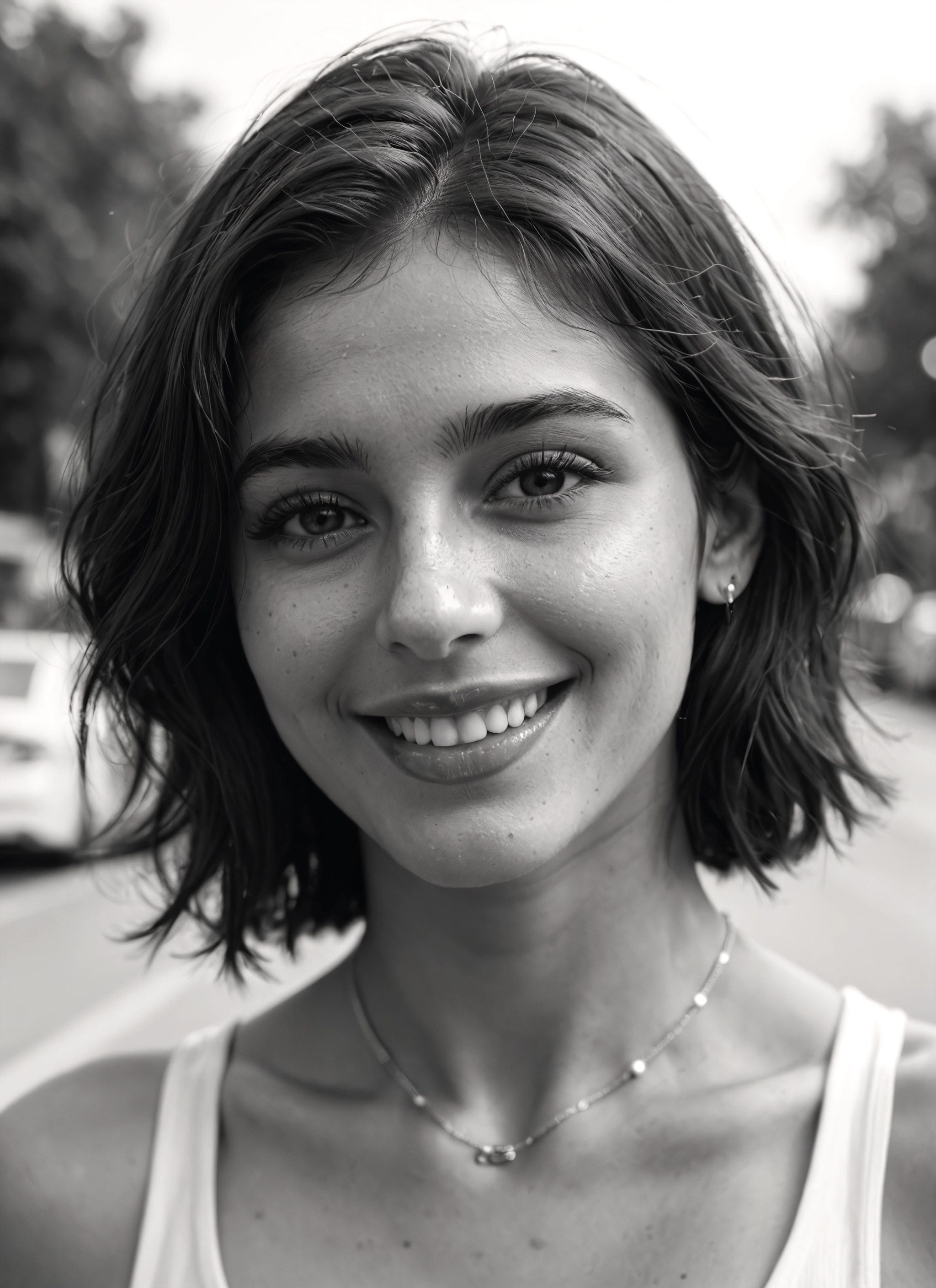1girl, greyscale, monochrome, solo, jewelry, smile · Yamete.gg