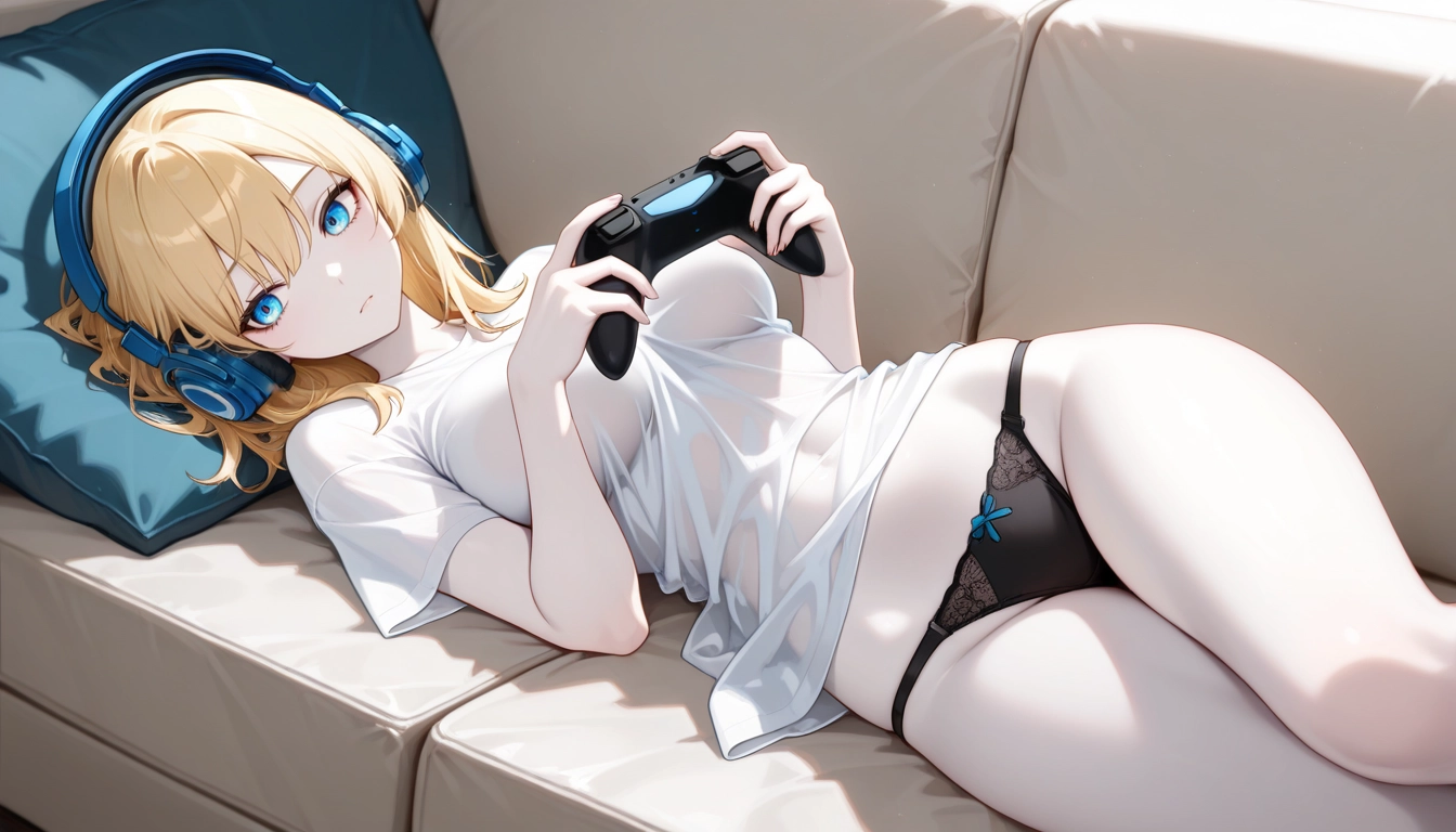 1girl, shirt, solo, headphones, underwear, panties · Yamete.gg