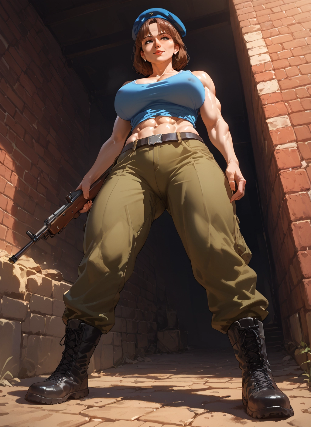 1girl, weapon, gun, breasts, boots, muscular · Yamete.gg