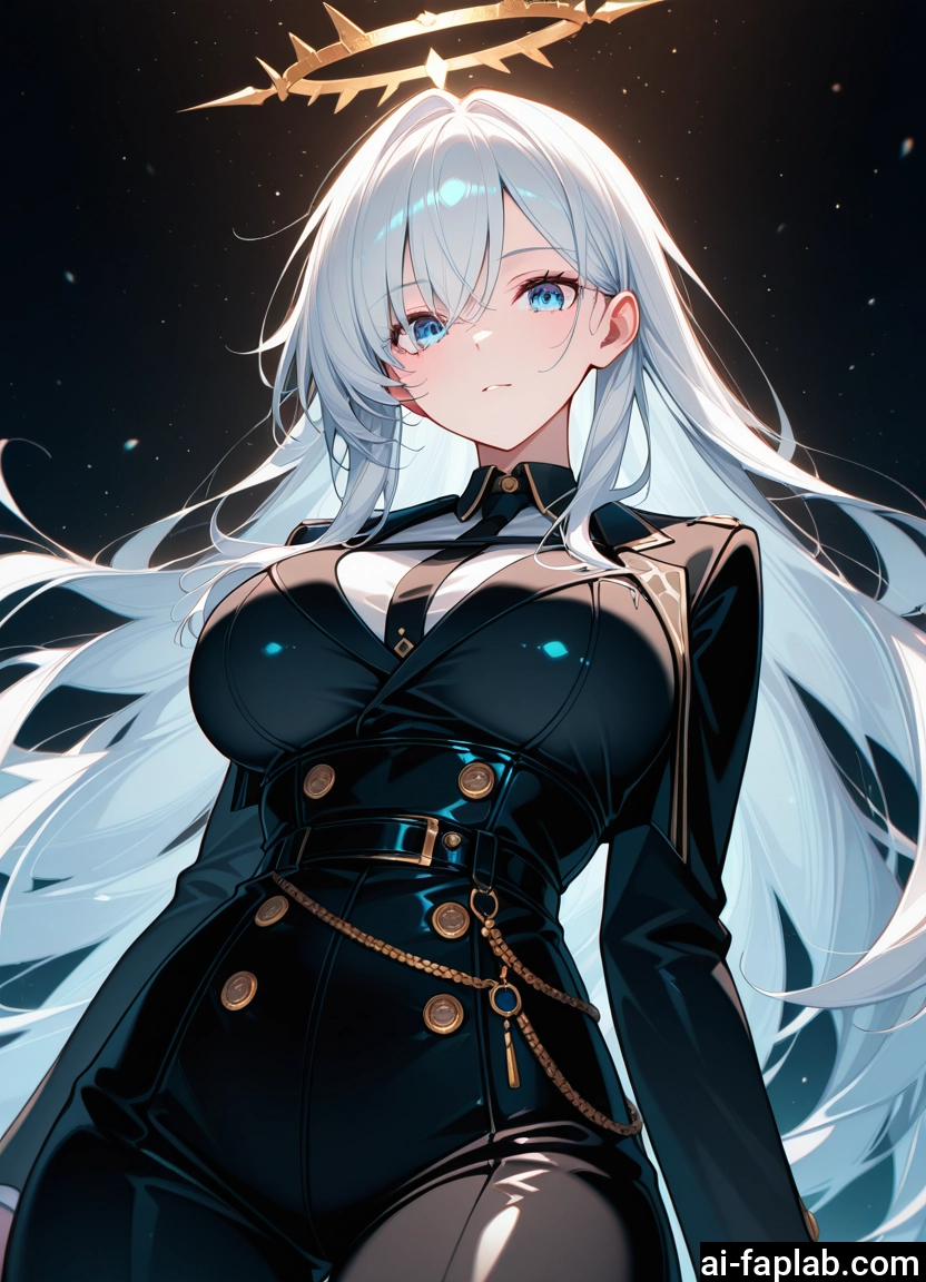 1girl, long hair, breasts, solo, blue eyes, halo