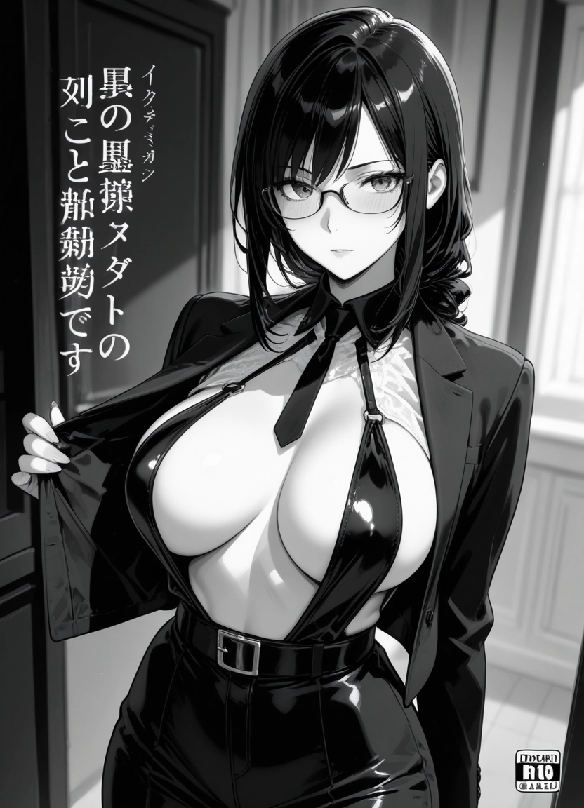 breasts, 1girl, greyscale, monochrome, glasses, large breasts · Yamete.gg