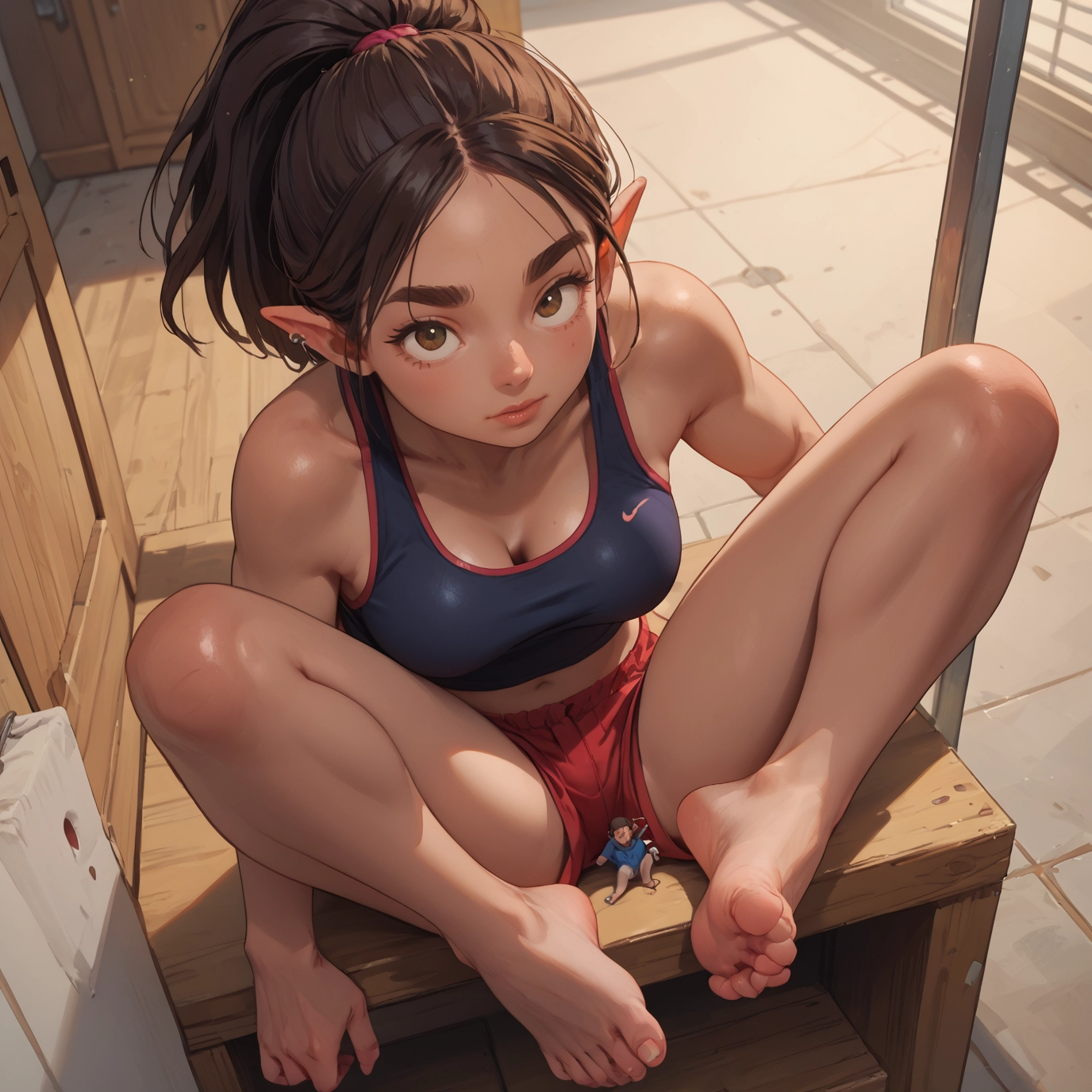 1girl, barefoot, breasts, pointy ears, feet, shorts · Yamete.gg