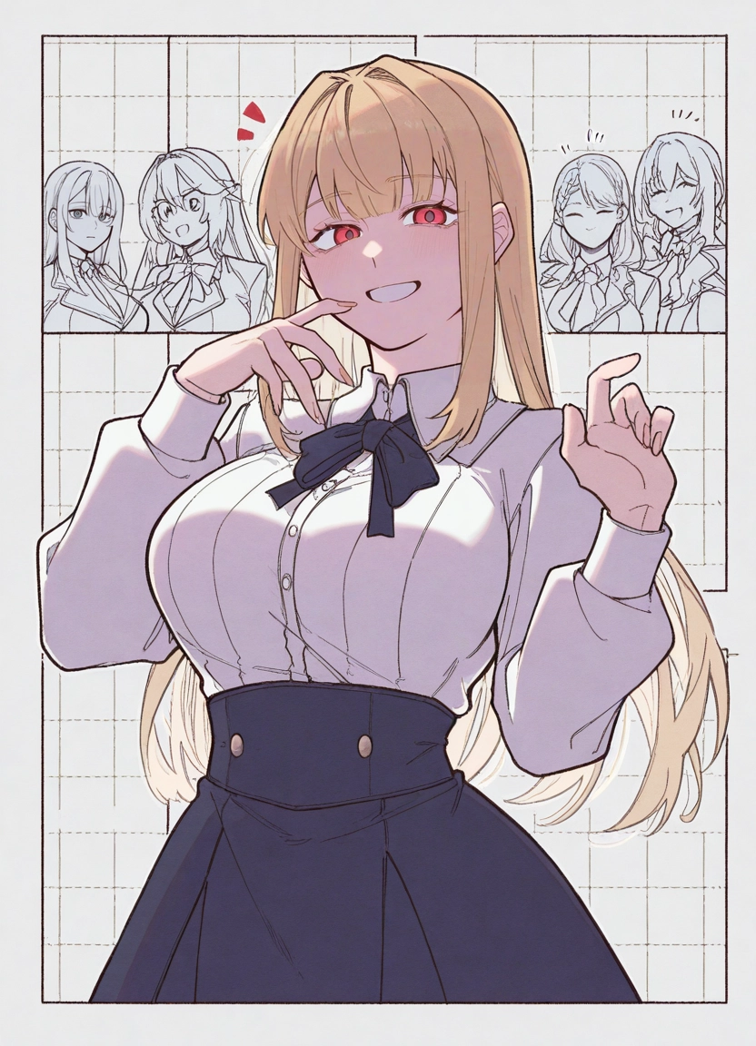 shirt, red eyes, smile, blonde hair, skirt, white shirt · Yamete.gg