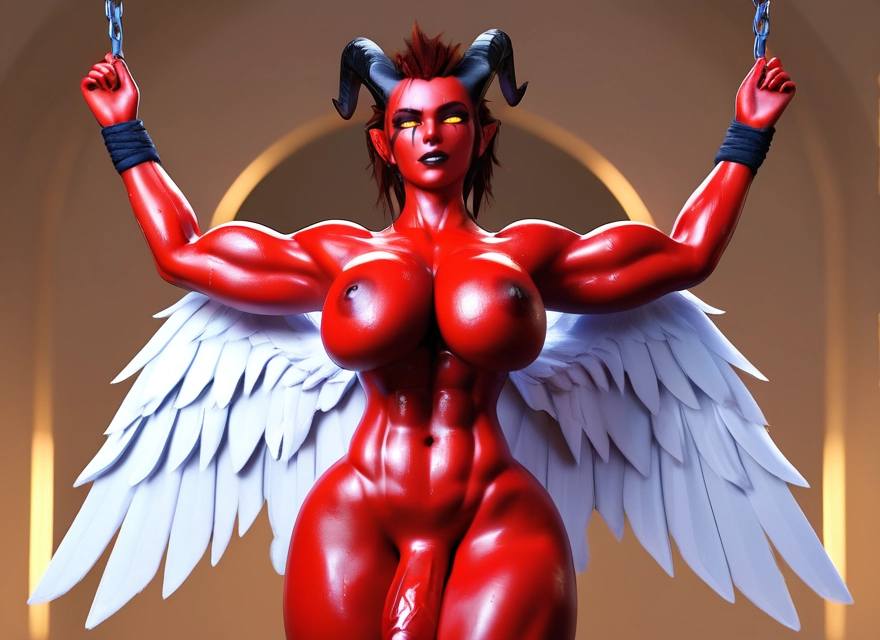 futanari, 1girl, horns, wings, solo, breasts · Yamete.gg