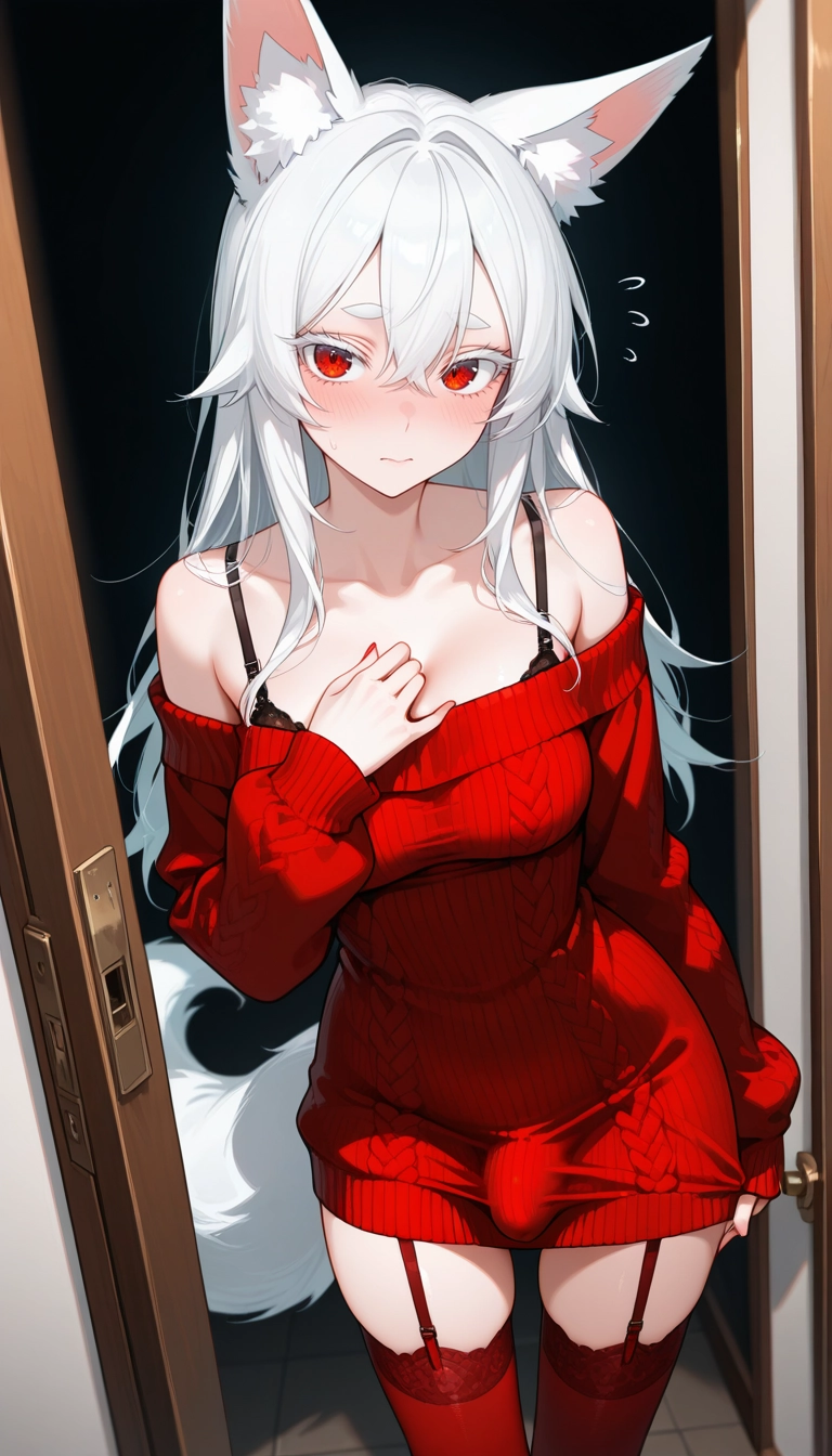 1girl, solo, bra, red eyes, white hair, thighhighs