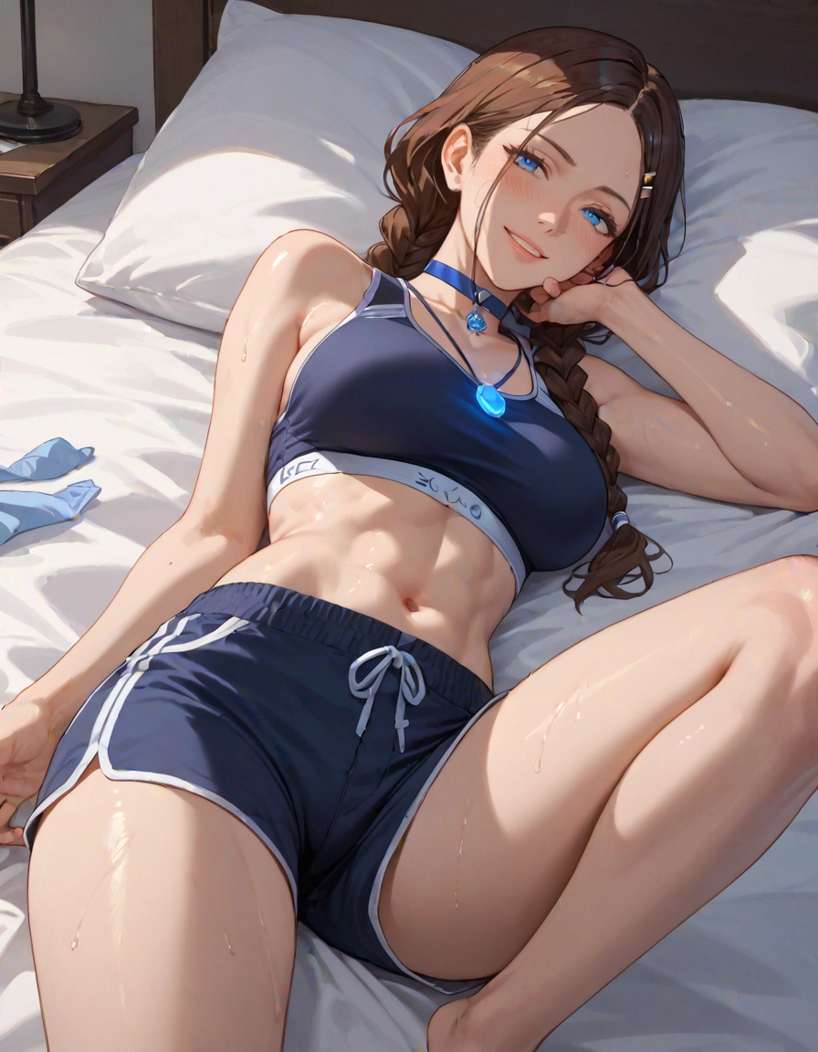 1girl, solo, breasts, navel, shorts, blue eyes