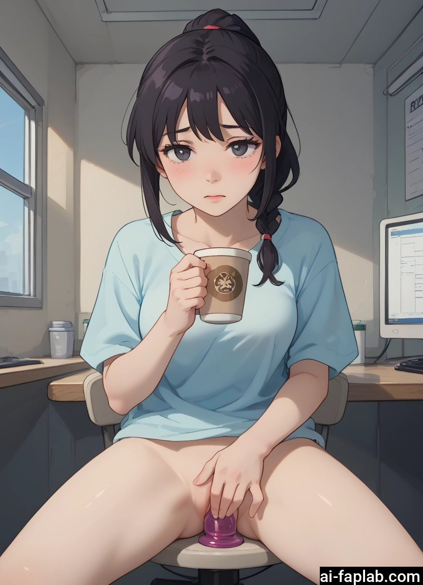 1girl, solo, cup, sex toy, shirt, masturbation