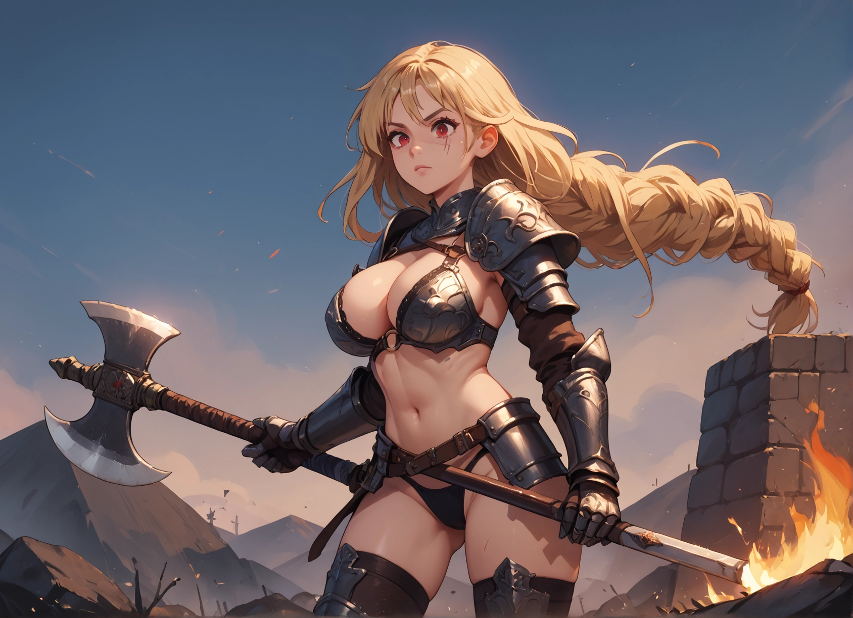 1girl, breasts, long hair, armor, blonde hair, navel · Yamete.gg