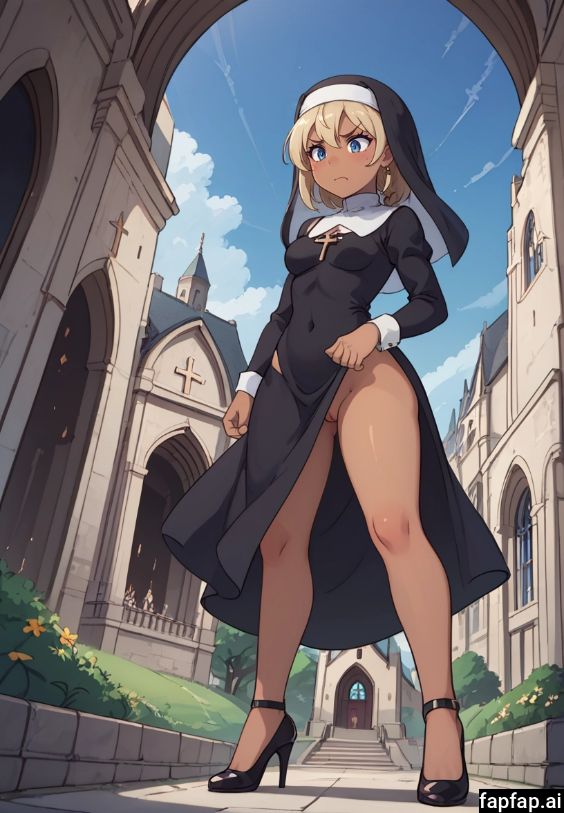 1girl, nun, solo, no panties, high heels, blonde hair