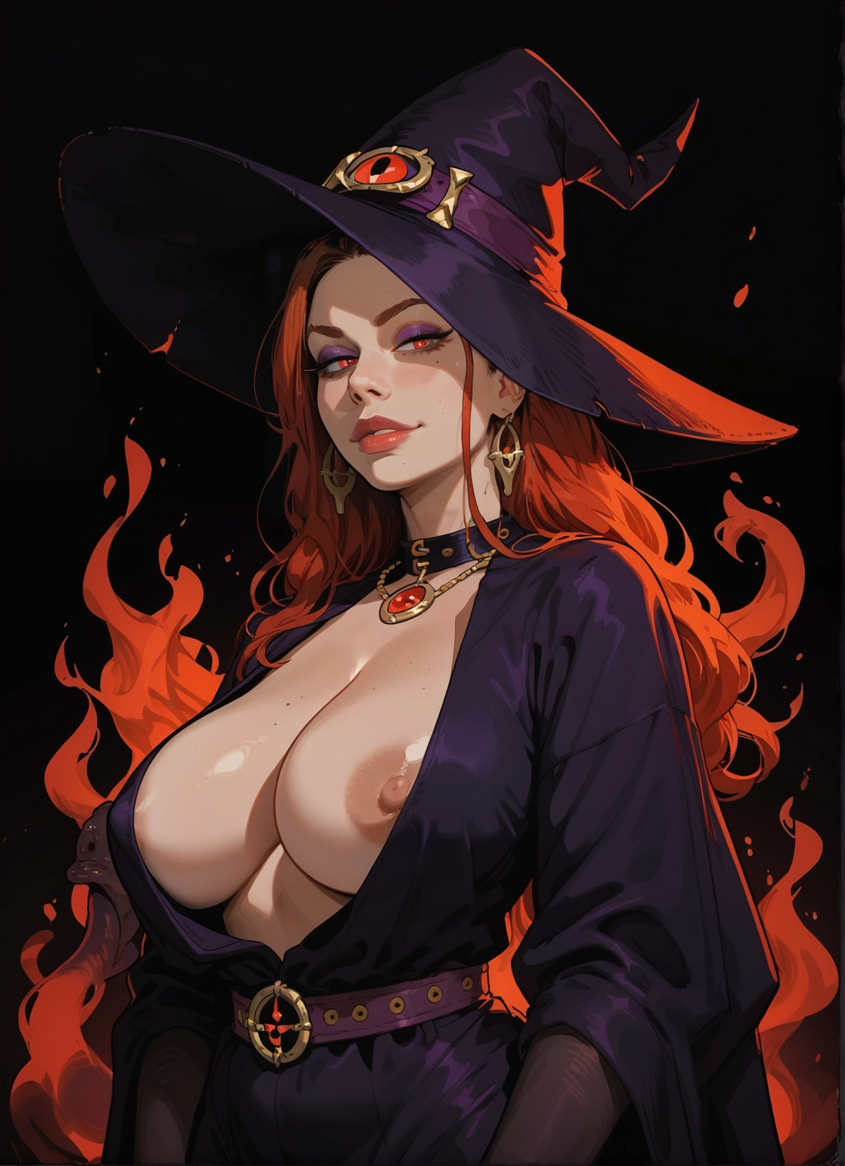 1girl, breasts, hat, witch hat, jewelry, nipples · Yamete.gg