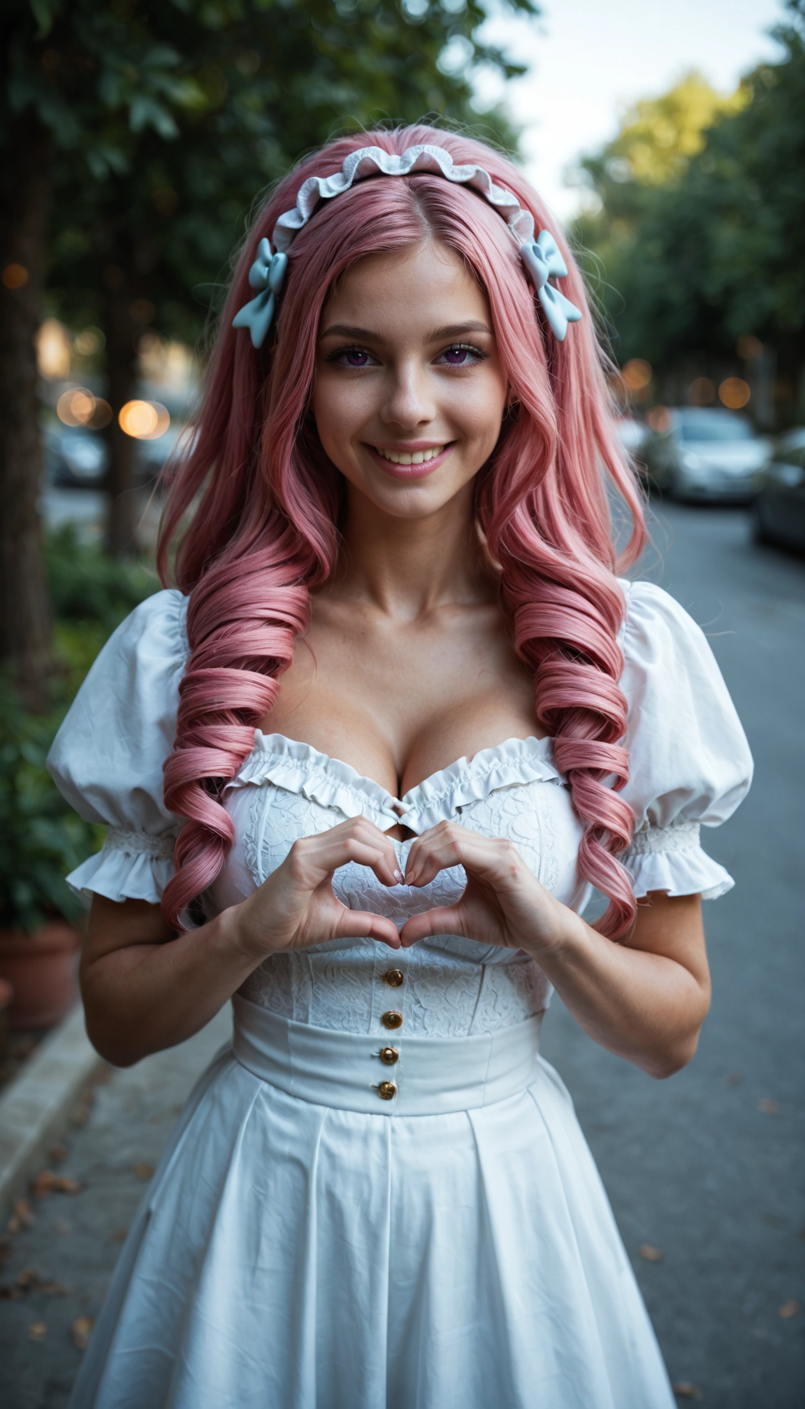 1girl, breasts, solo, pink hair, heart, heart hands
