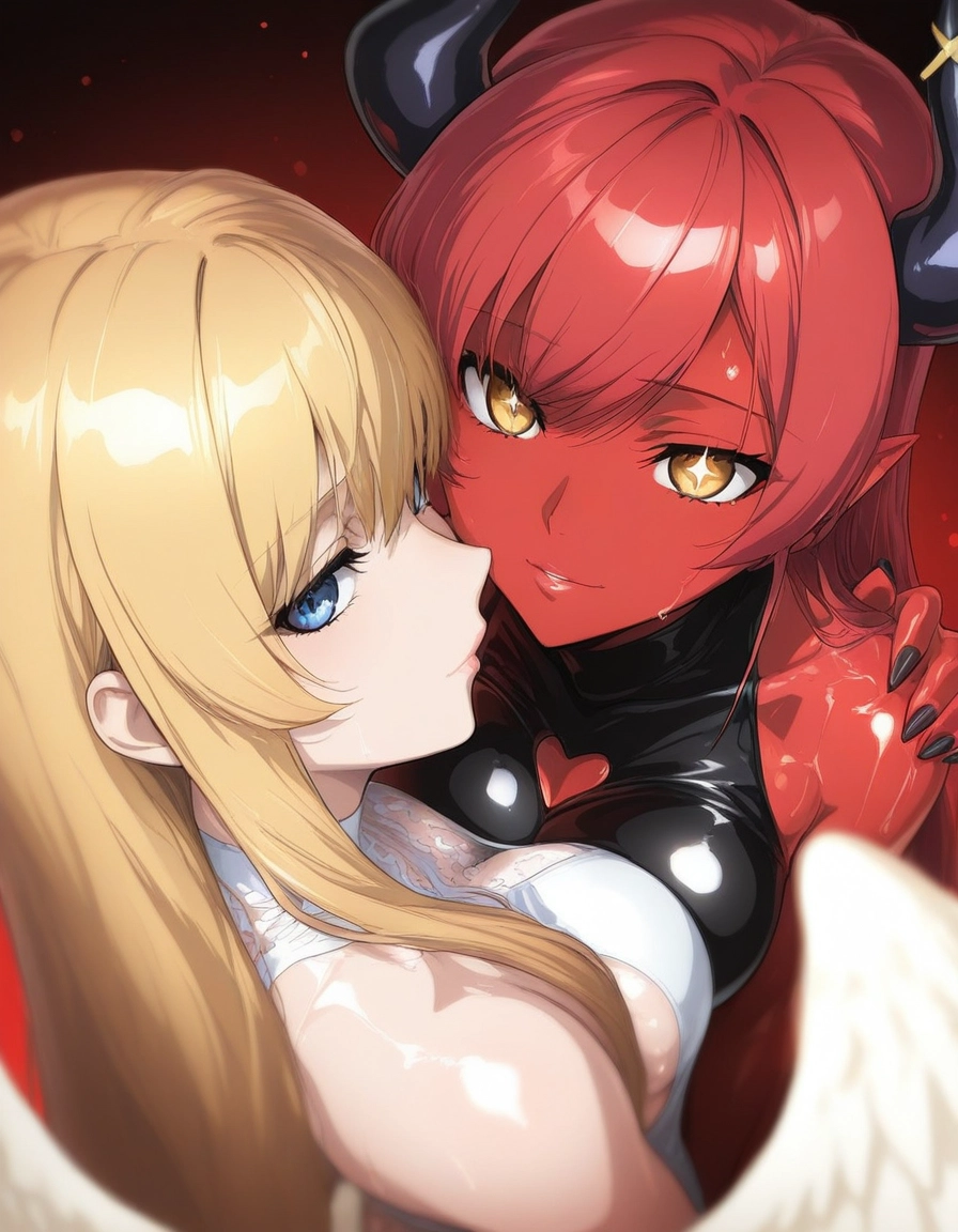multiple girls, 2girls, blonde hair, breasts, horns, blue eyes · Yamete.gg