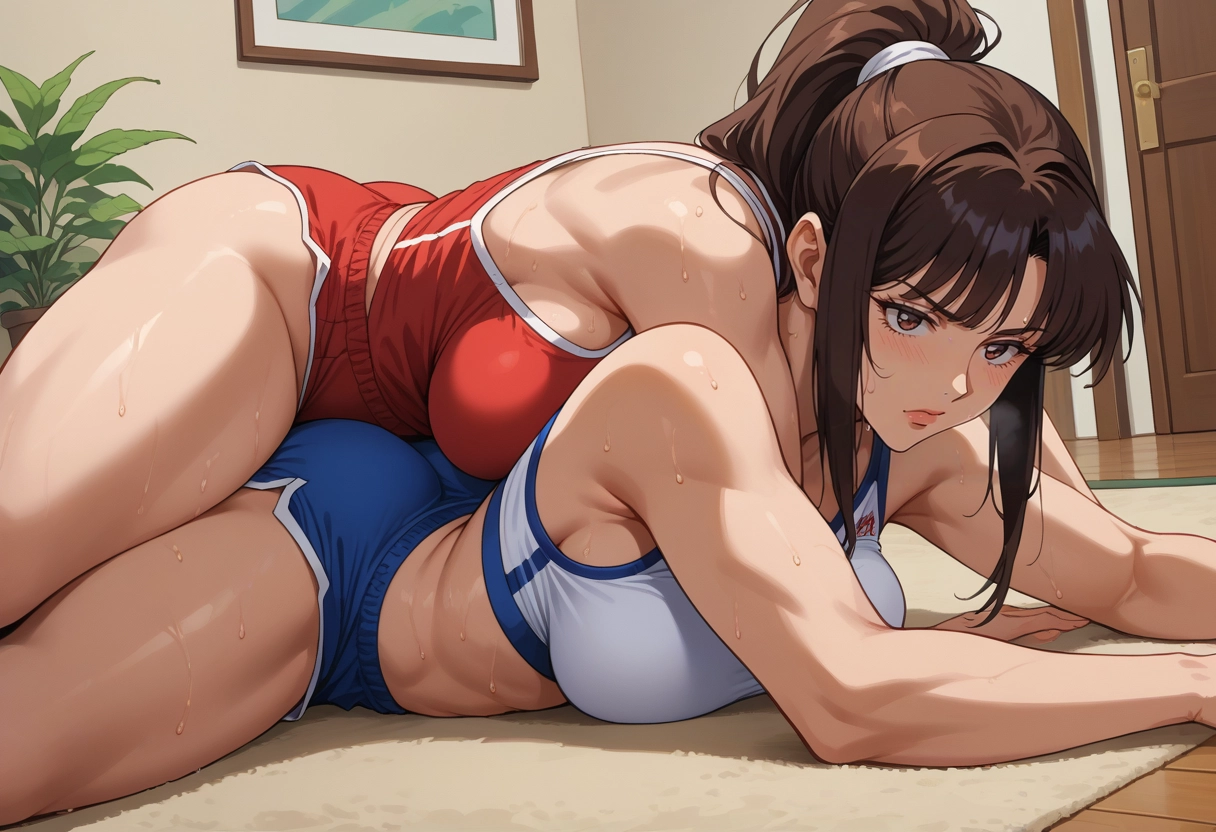 breasts, sweat, large breasts, indoors, thighs, brown hair · Yamete.gg