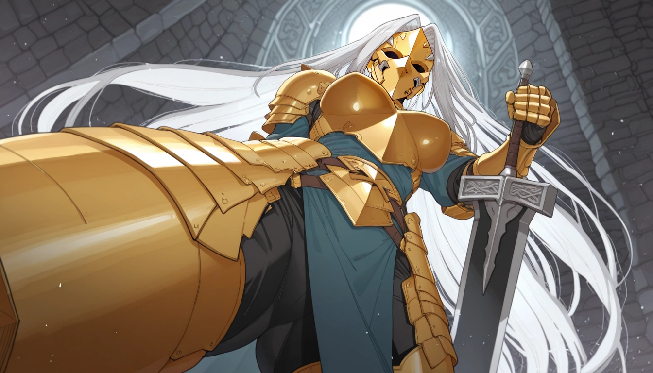 1girl, gold armor, weapon, solo, long hair, armor · Yamete.gg