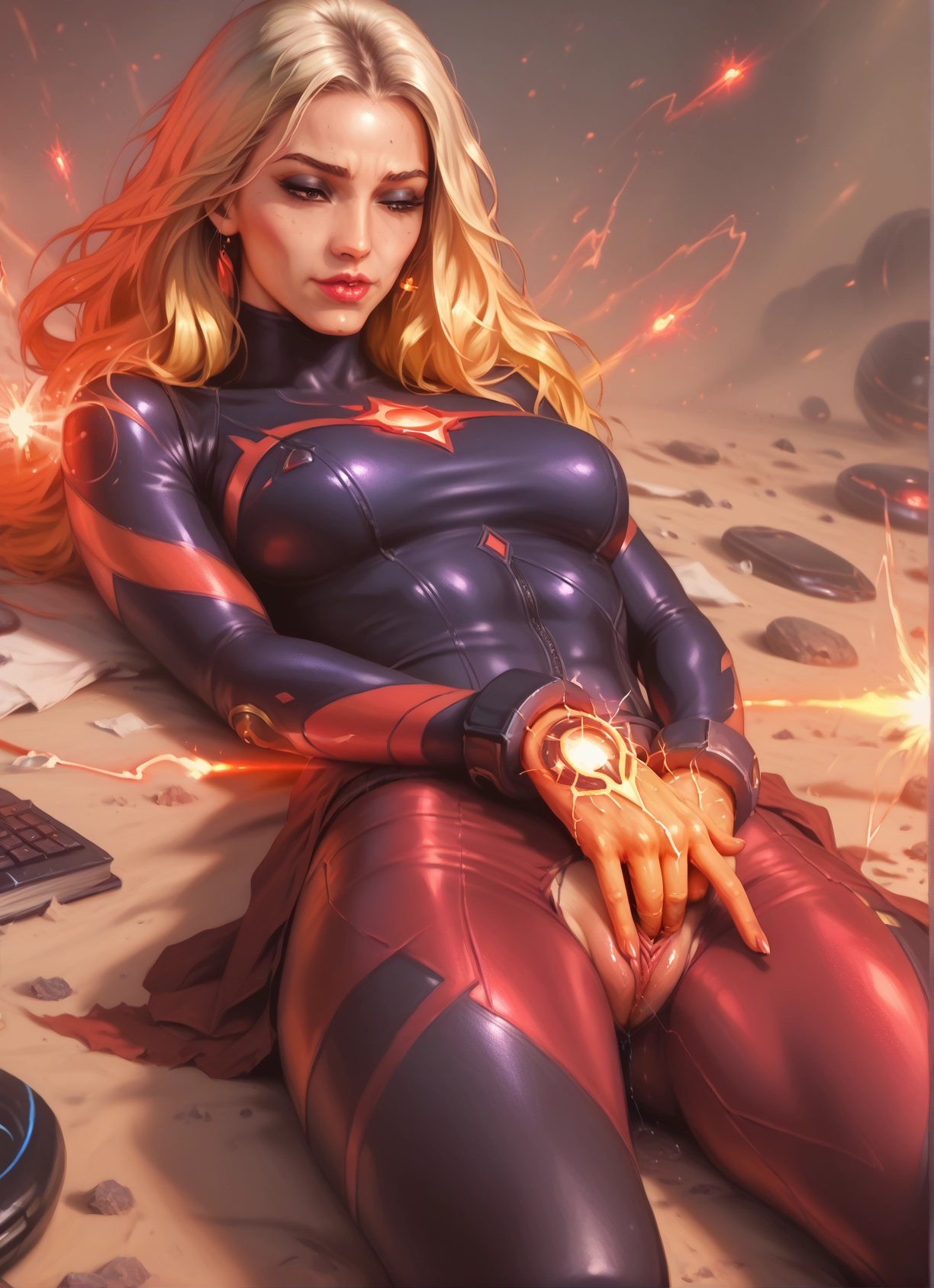 1girl, solo, blonde hair, bodysuit, pussy, torn clothes · Yamete.gg