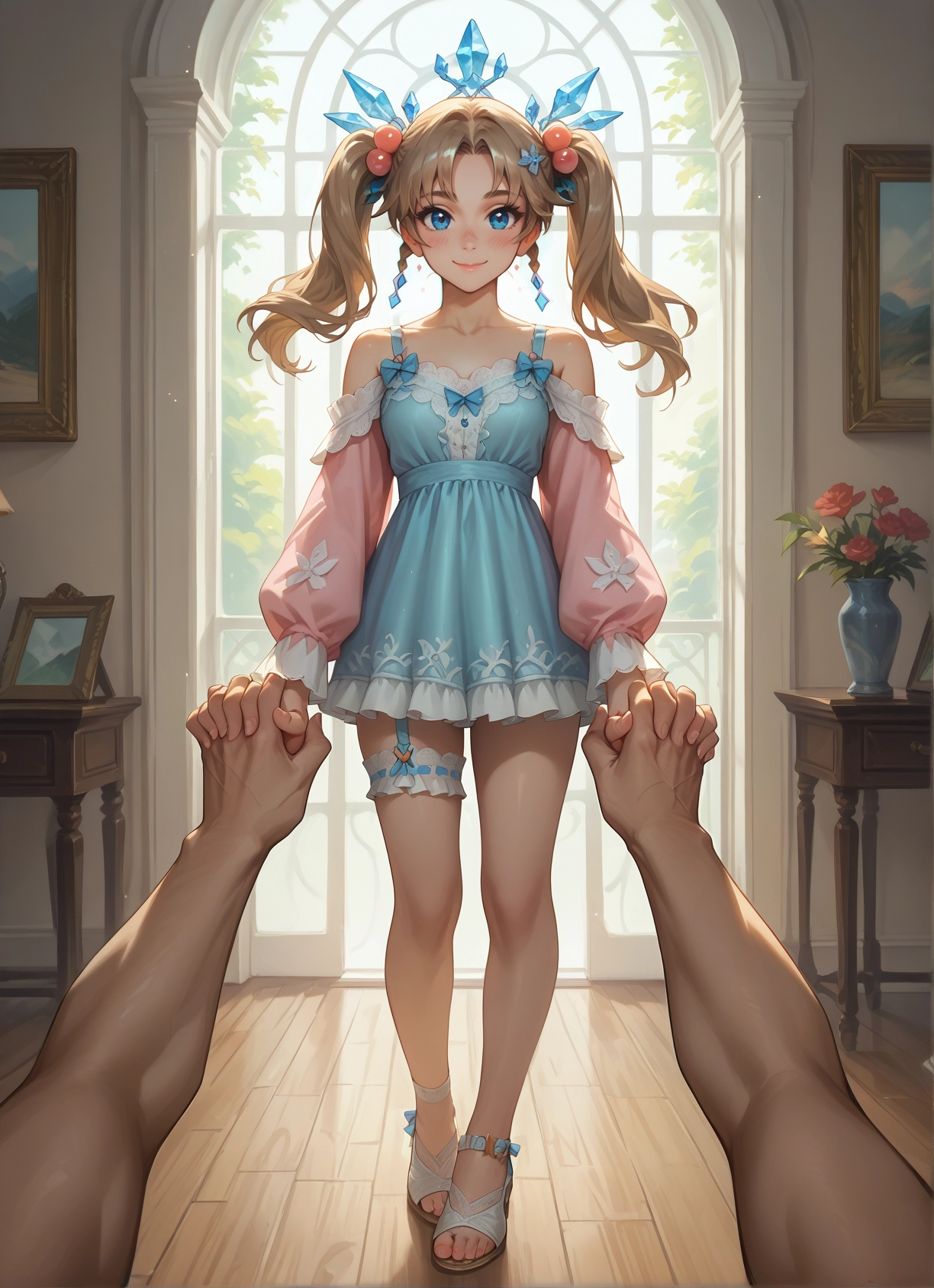 1girl, blue eyes, twintails, dress, smile, holding hands · Yamete.gg