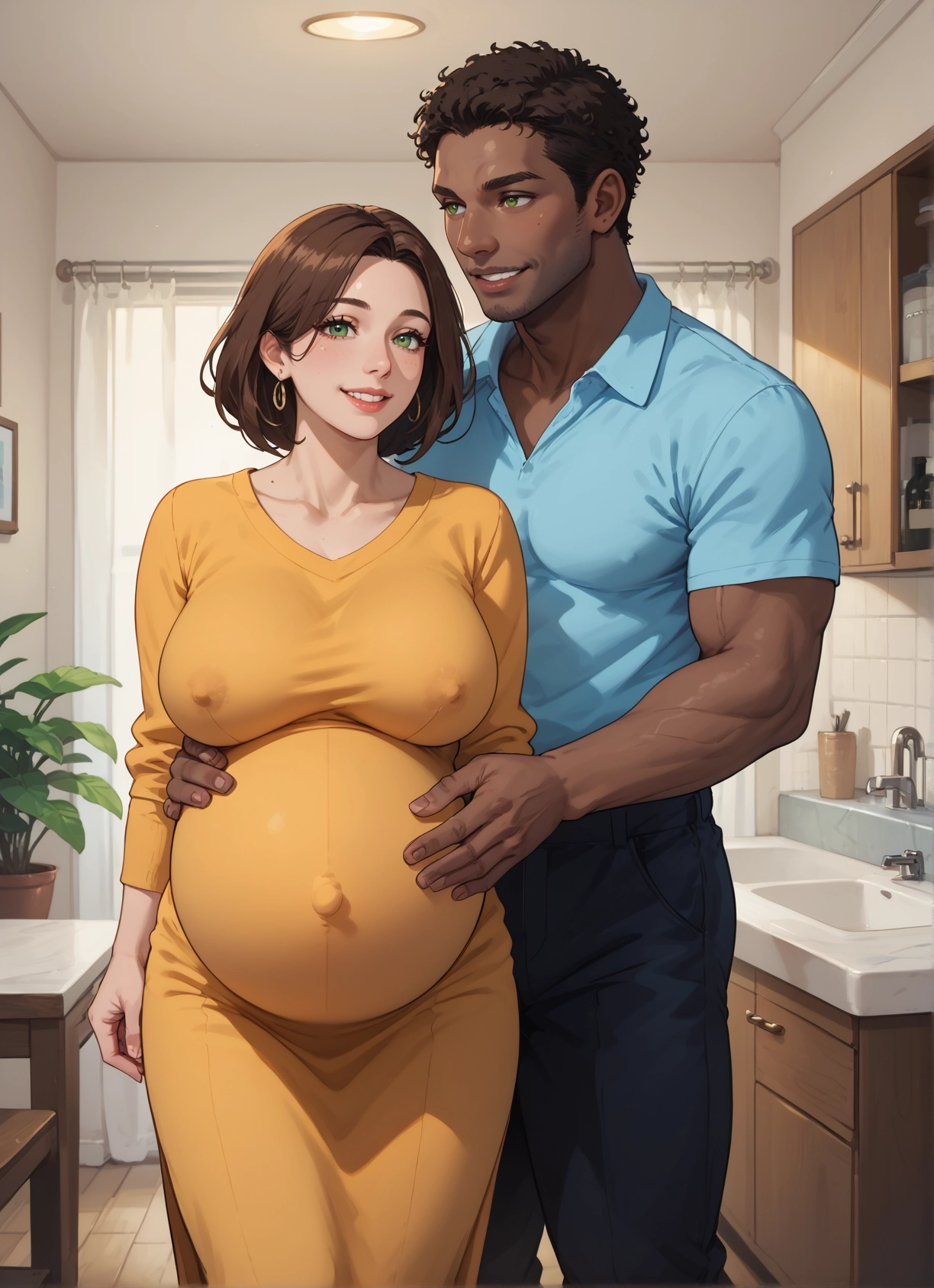 1girl, 1boy, pregnant, green eyes, brown hair, breasts · Yamete.gg